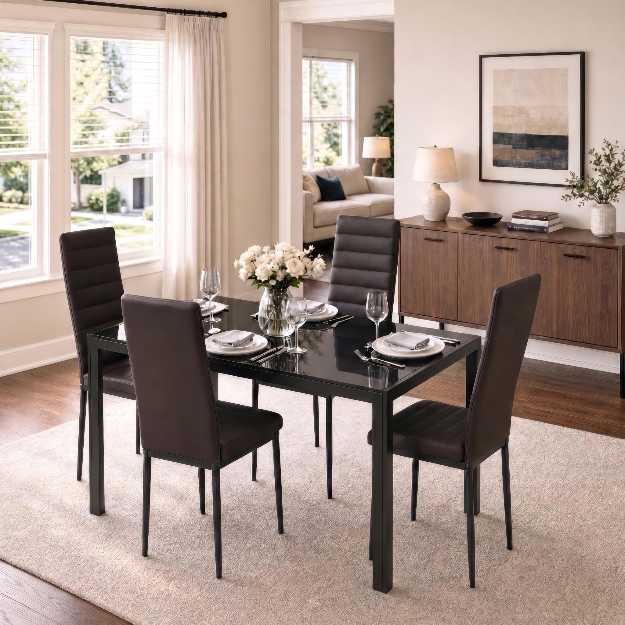 Gizoon Black 5 Piece Glass Dining Table Set, Kitchen Table and Chairs for 4