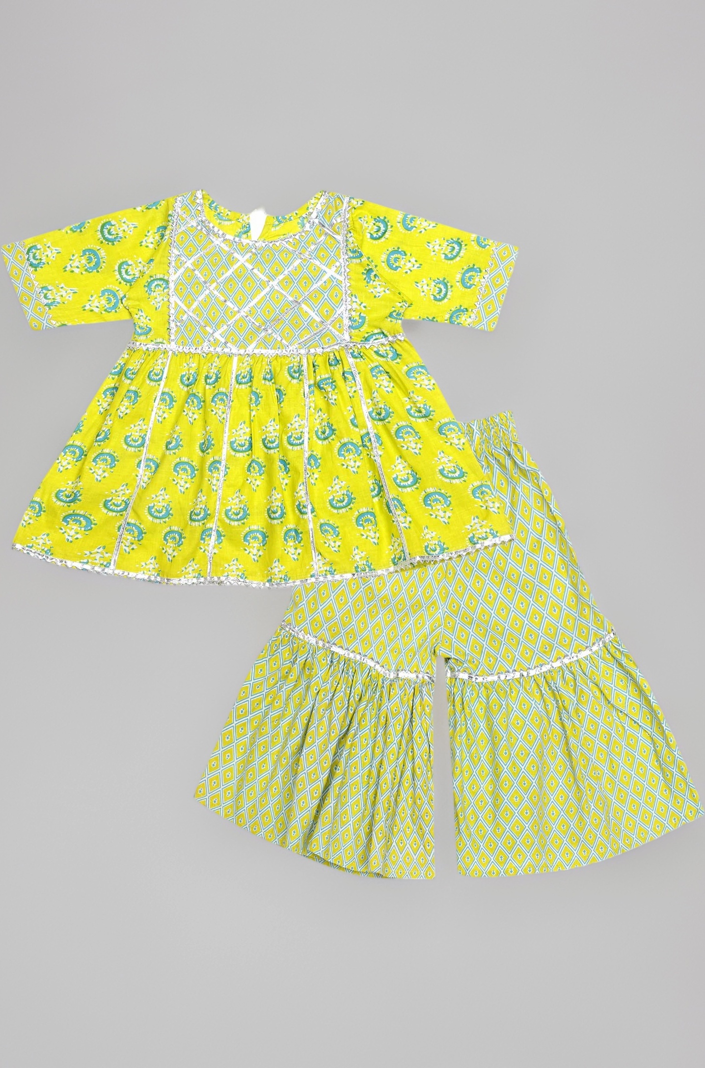 superminis Baby Girl's Cotton Sanganeri/Floral Printed Frock Style Kurti With Printed Sharara Dress Clothing Set