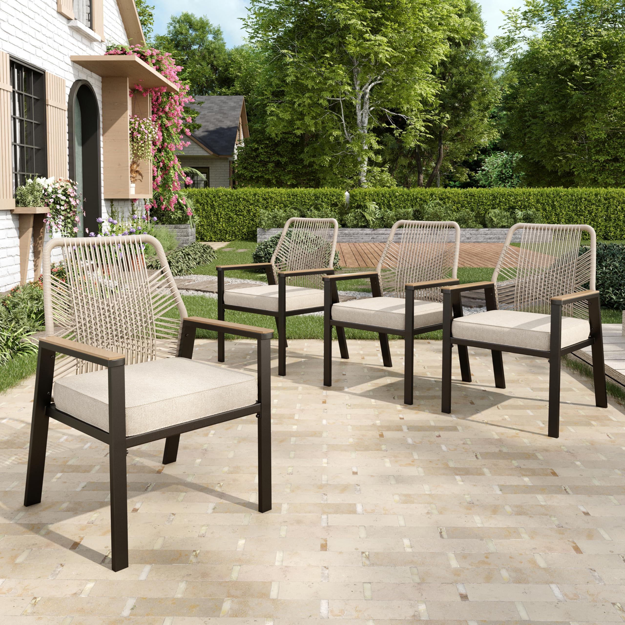 Patio Wicker Chair Sets of 4, Outdoor Dining Chairs with 3.1 inch Seat Cushions, Sturdy Metal Frame & Wood Grain Armrest, Patio Dining Chairs for Porch Backyard, Beige