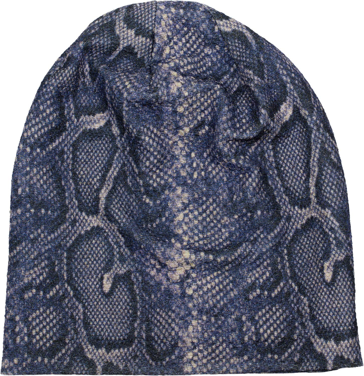 Stylebreaker Women's Blue Beanie Cap With Snake Python Pattern And Glittering Surface, Slouch Longbeanie 04024174, Color: