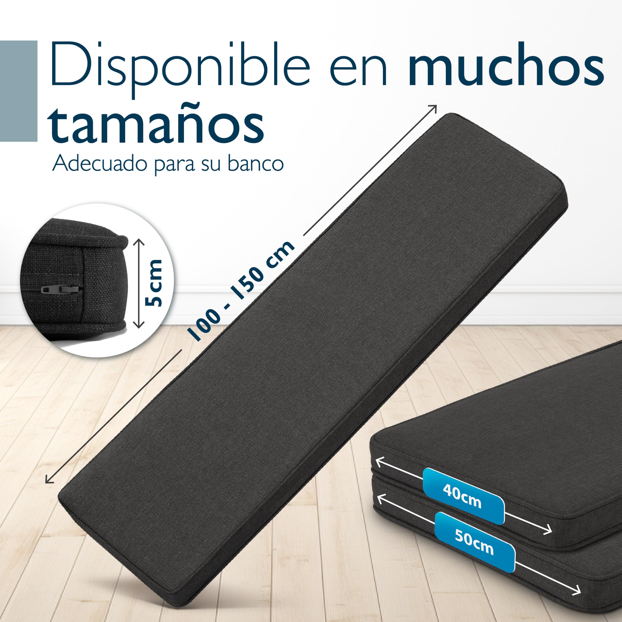 Beautissu cojín para Banco de Exterior 150x50 cm - Cojín de Asiento Resistente a la Intemperie para Banco de jardín - Cojín Blando para Banco con Funda extraíble Lavable - Antracita - Calme BK