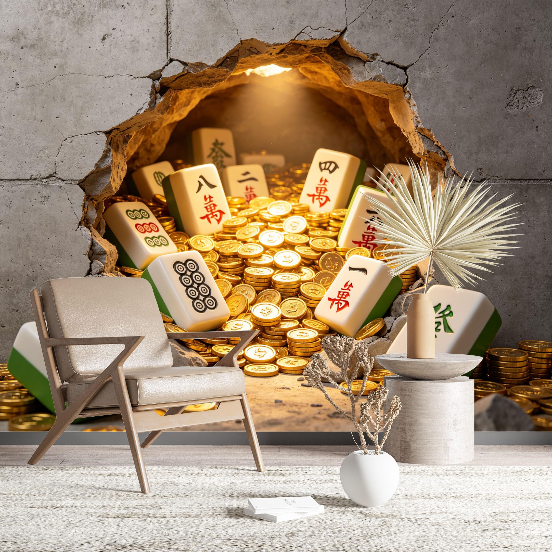 Custom Size Wall Murals Mahjong Gold Treasure Cave Wall Murals Game Wallpaper Large Photo Wallpaper Self-Adhesive Removable Wallpaper for Living Room Home Decor