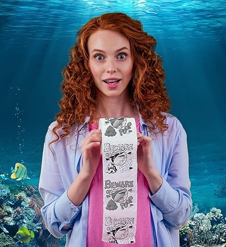 Miniatura 2 de Printed TP Beware of Shark Poop - Papel higiénico impreso para broma, sorpresa, decoración de baño, regalo novedoso para hombres, mujeres, amigos,