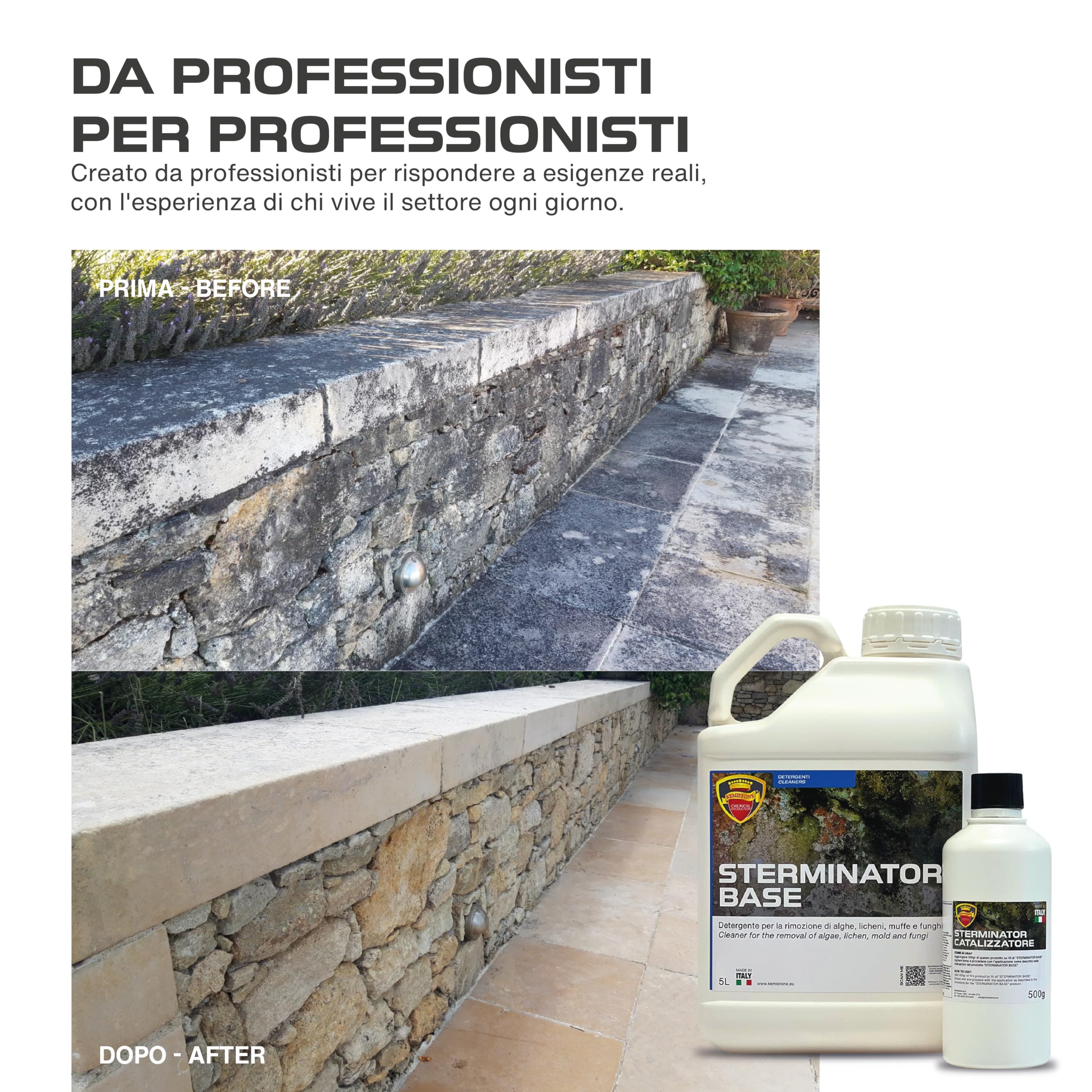 STERMINATOR – Detergente Professionale per Alghe e Muschi su Pavimenti e Muri Esterni | Pulitore per Annerimenti su Gres, Pietra, Cotto e Cemento (5L)