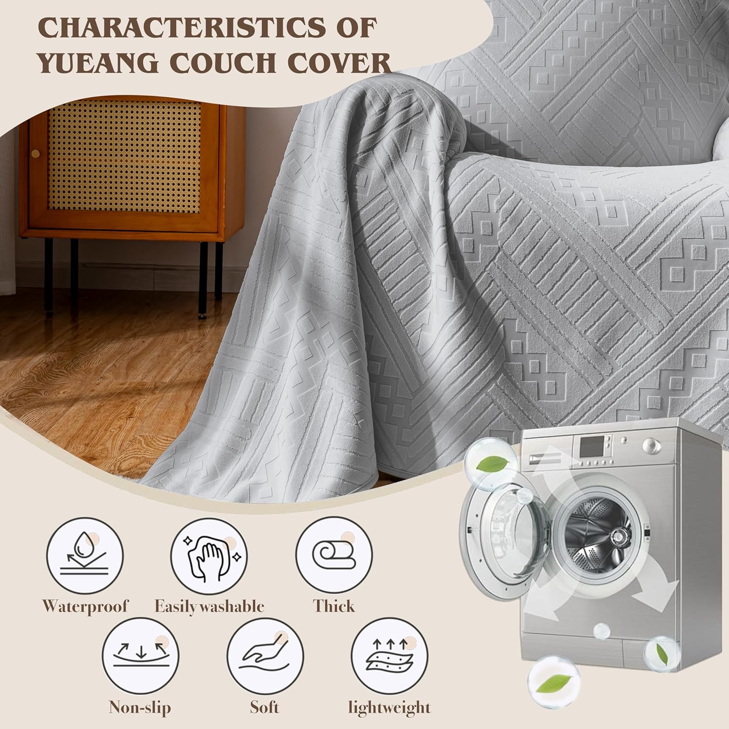 Waterproof Recliner Chair Covers, Anti-Slip Reclining Chair Covers, Pet-Friendly, Washable, Durable and Breathable Couch Covers – Reversible Design for Sofa Protection(71x71in/Light Grey) - Image 7