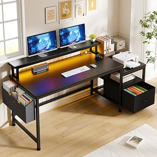 EnHomee 57" Computer Desk with Drawers, Power Outlets, Printer Shelf & Monitor Stand - Black Home Office Gaming Writing Desk