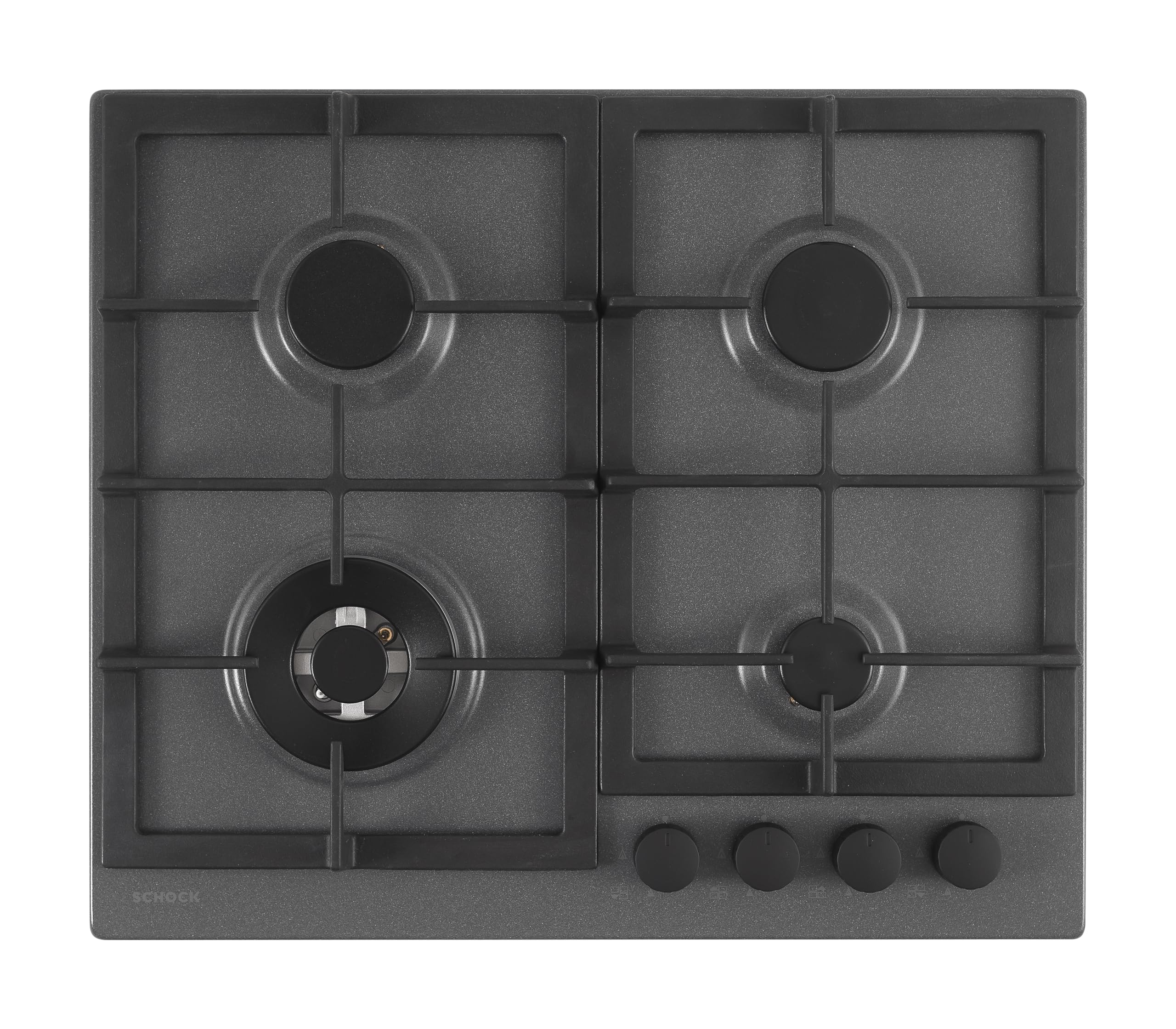 SCHOCK | Piano Cottura 4 Fuochi Gas Professional PC60 con Manopole Nere Opache Soft Touch, Griglie in Ghisa, Valvole di Sicurezza, Asphalt, 585x500 mm