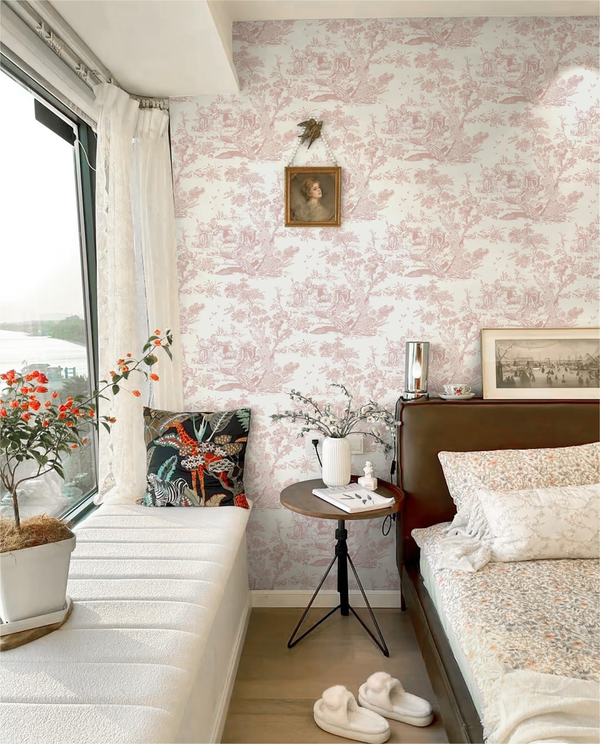 Papier Peint Autocollant Vintage 41 x 300 cm Vinyle Arbre Animaux Imperméable Rose Chambre