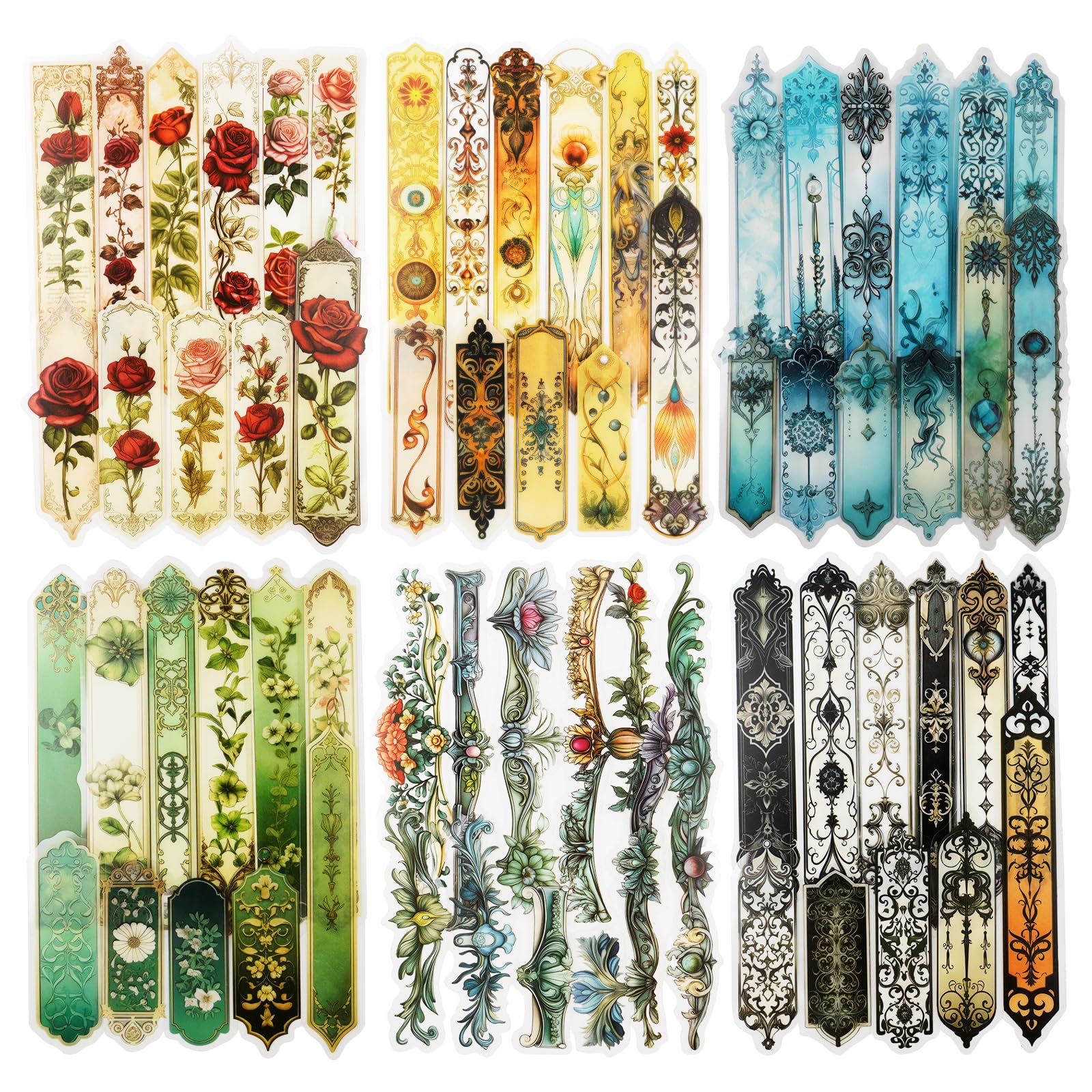 Miyouluna 120PCS PET Strip Stickers, Gothic, Rose, Baroque, Emerald, Amber and Snow Style Designs in Vintage Aesthetic, Scrapbook and Journal Labels,