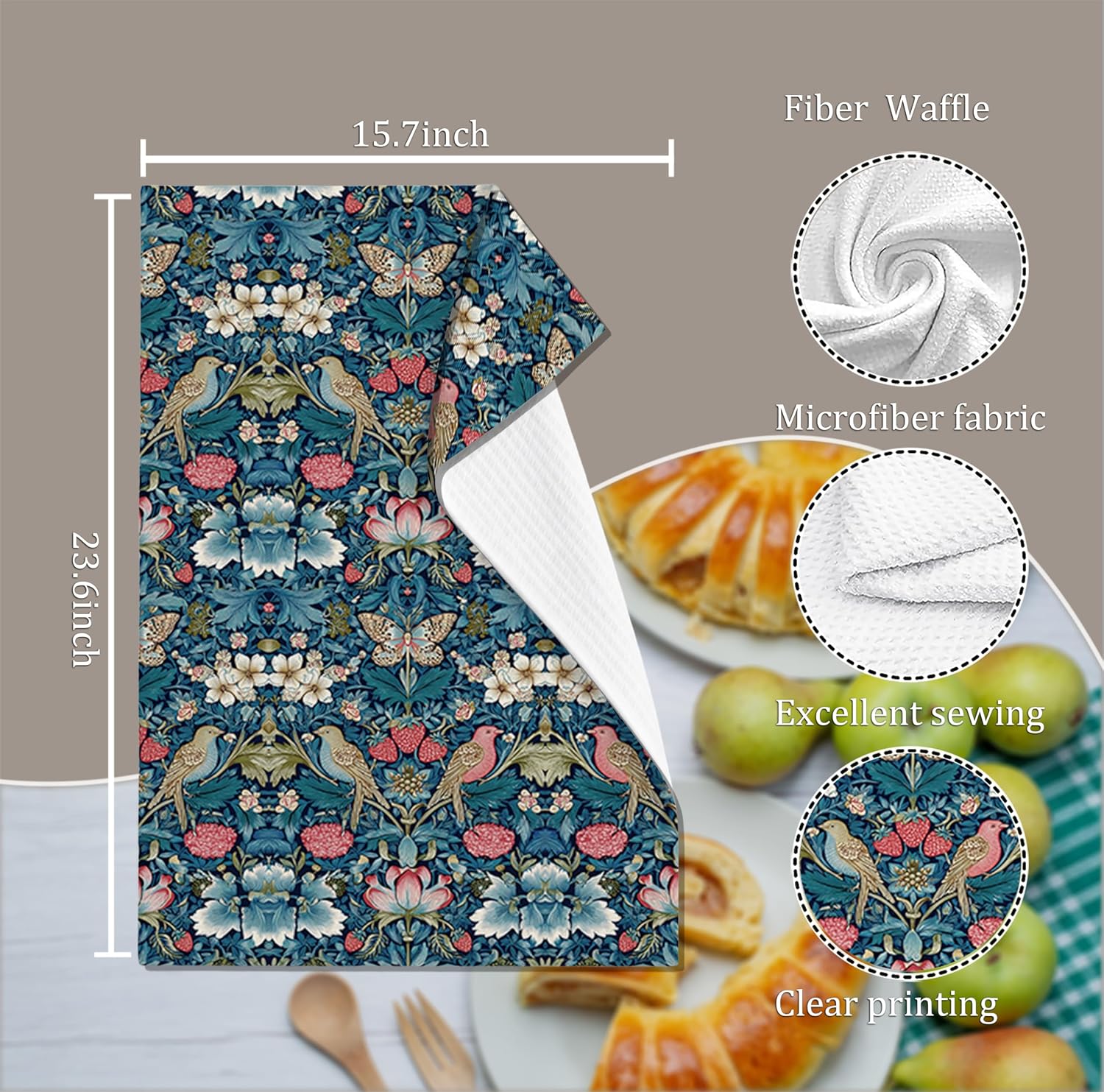 Morris Vintage Kitchen Towel Set of 2, Strawberry Bird Floral Design, 16x24 Inches Absorbent Dish Cloth Bath Towel, Decorative Tea Towels for Farmhouse Kitchen image 2