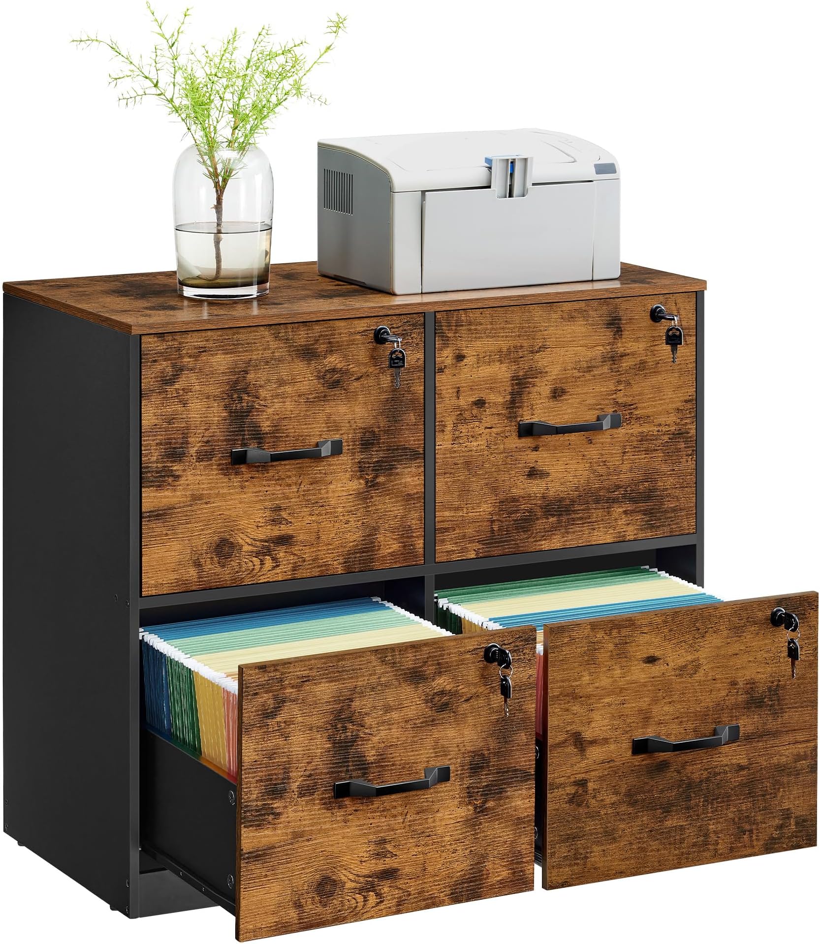 4 Drawer File Cabinet with Lock, Printer Stand, Office Filing Cabinet Organizer, for A4 and Letter Size Documents, Rustic Brown and Black UOFC062B01