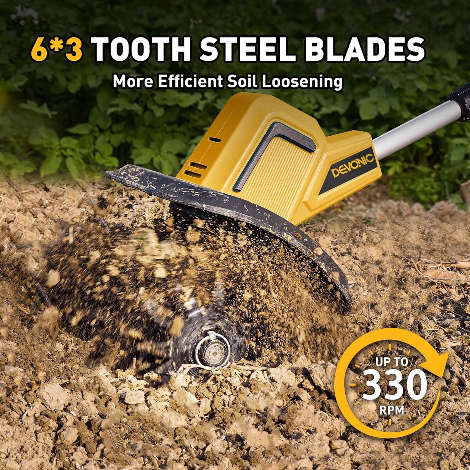 DEVONIC Cordless Electric Garden Tiller,330RPM Electric Garden Tiller, 8 in Tilling Width and 6 in Depth Garden Rototiller for Lawn/Gardening/Soil Cultivation (Without Battery)