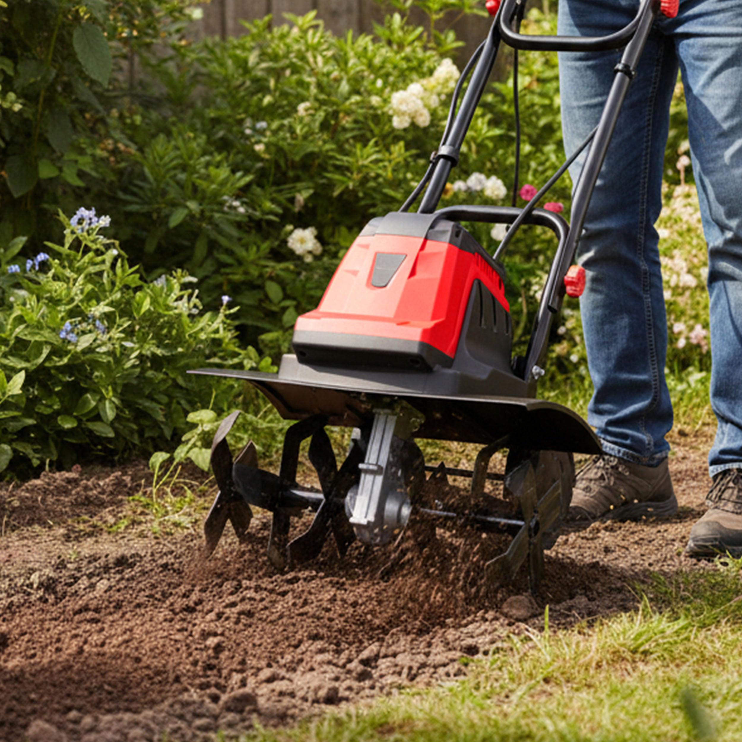 LEHMANN Motozappa Elettrica, 1800 W, Elettrozappa con Larghezza di lavoro 45 cm e Profondità 22 cm, 24 Lame, Ruote di Trasporto, Manico Pieghevole, Zappatrice per Orto e Giardino, Rosso/Nero