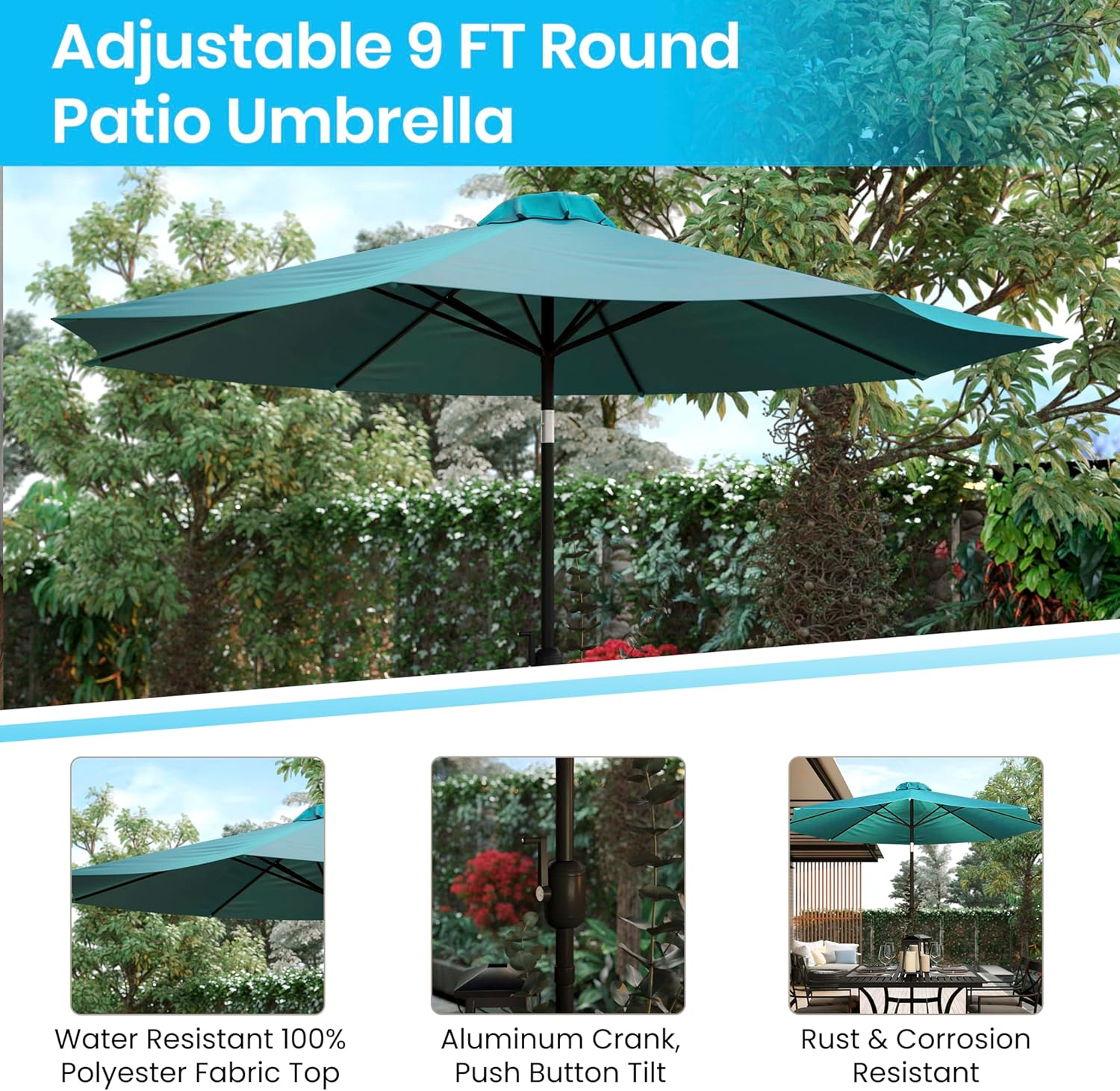 BizChair 9 FT Round Umbrella with Crank and Tilt Function and Standing Umbrella Base