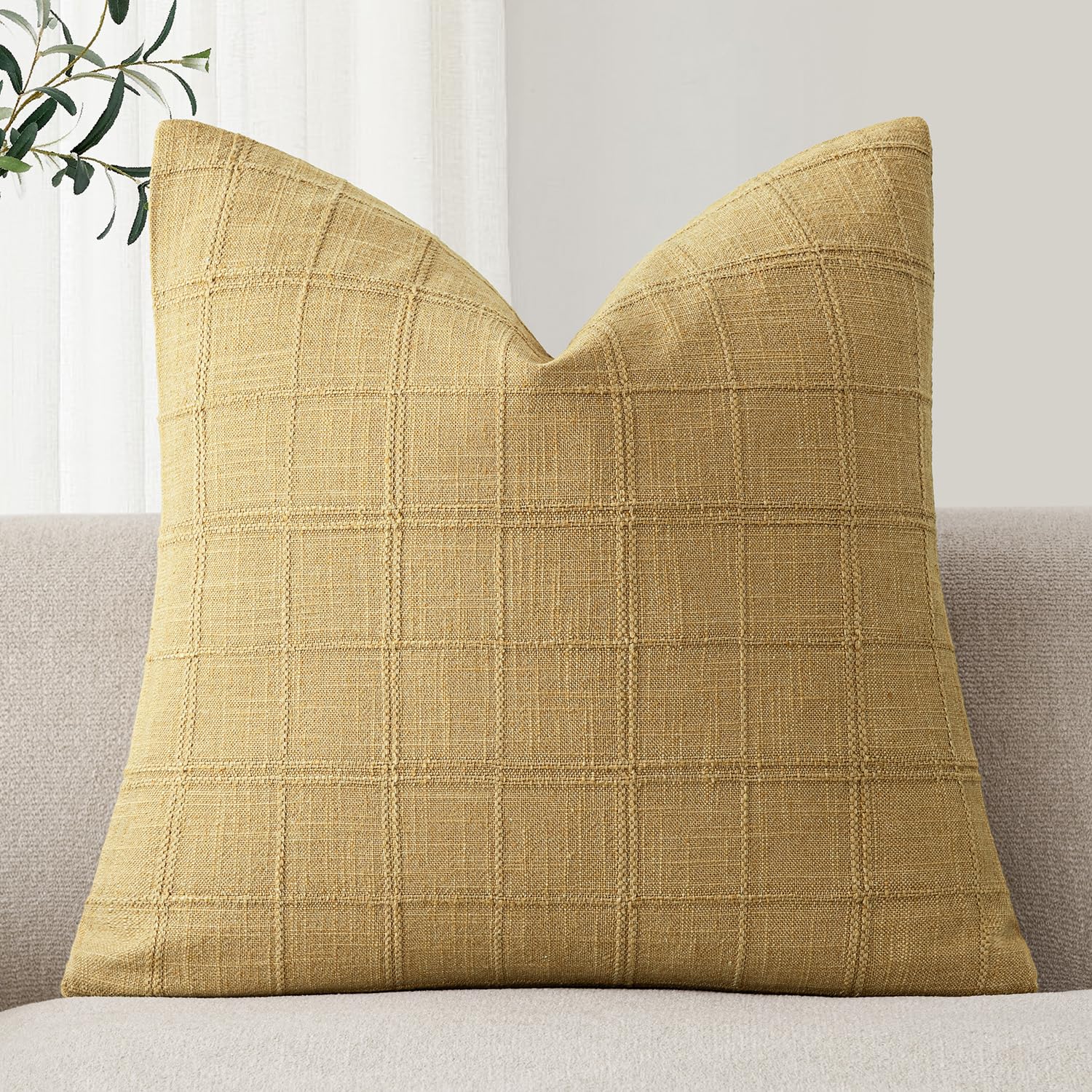 Foindtower Set of 1 Decorative Linen Check Throw Pillow Cover Neutral Farmhouse Vintage Cushion Cover Modern Boho Accent Home Decor for Sofa Chair Couch Bedroom Living Room,18×18 Inch,Amber Gold