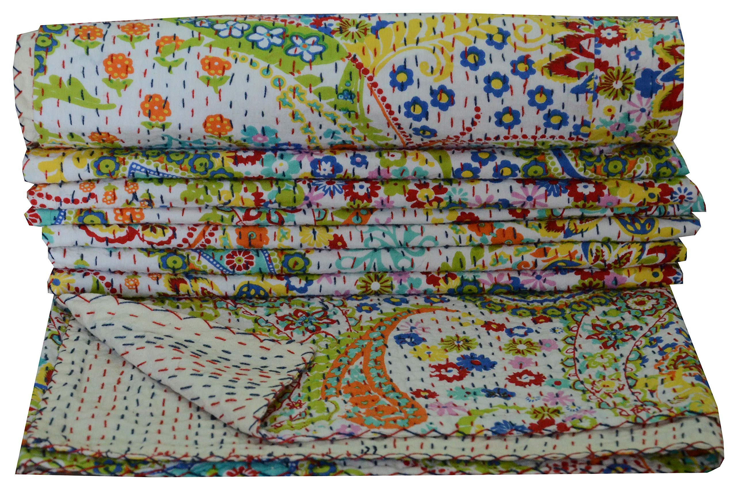 Handicraft-Palace Paisley Printed Bedding Bedspread Cotton Kantha Quilted Reversible Quilt Twin Blanket (White)