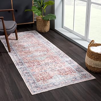 Bloom Rugs Caria Washable Non-Slip 12 ft Runner - Brick/Dark Blue Traditional Runner for Entryway, Hallway, Bathroom, and Kitchen - Exact Size 26" x 12