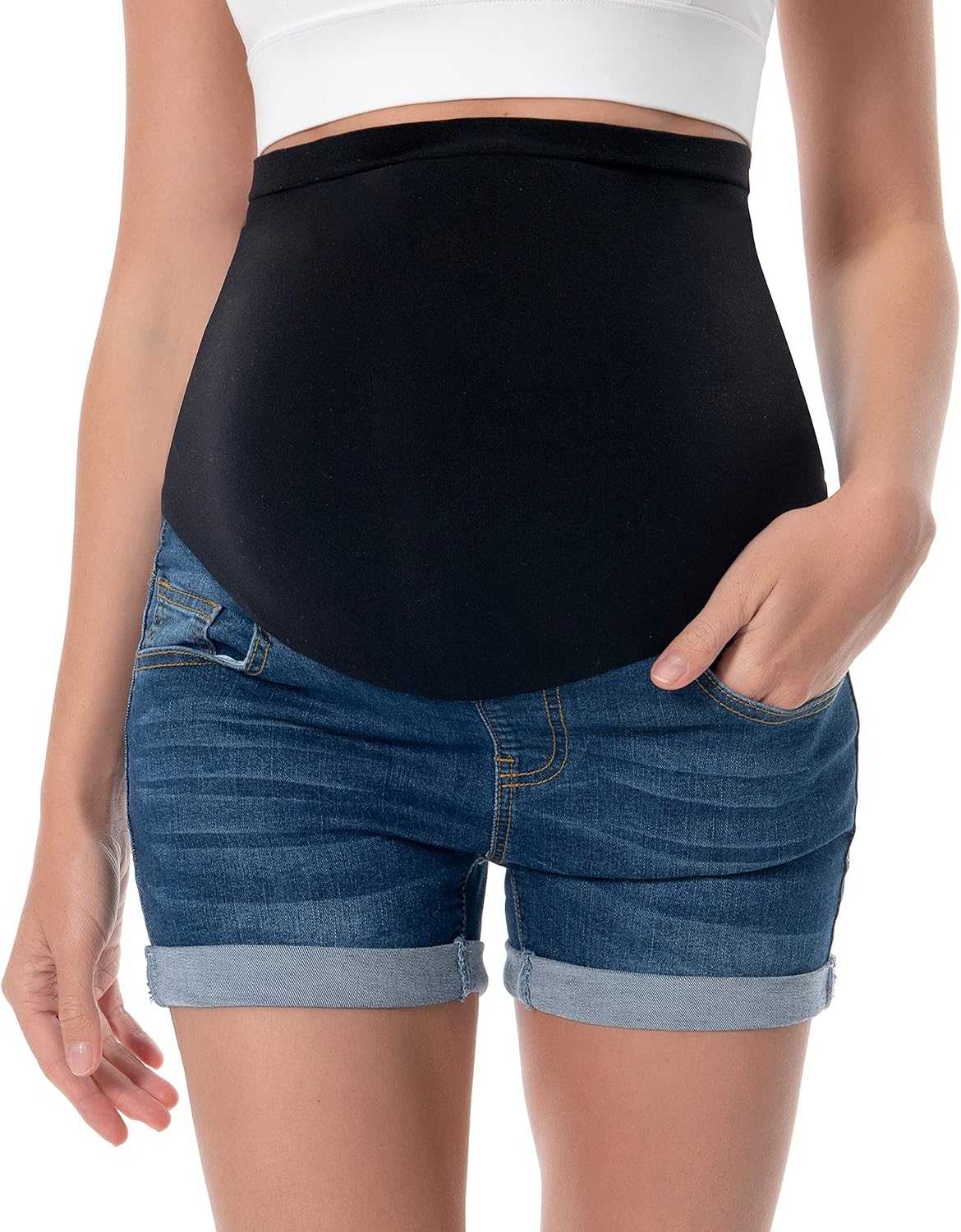 V VOCNI Women's Maternity Jean Shorts Over The Belly Stretchy Casual Rolled Hem Summer Denim Shorts - Image 3