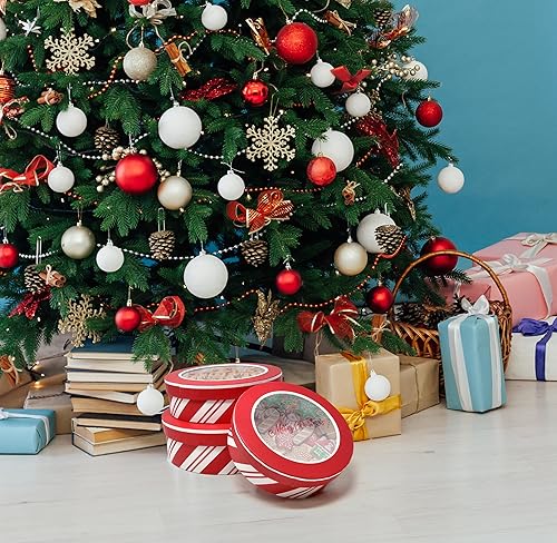 Miniatura 6 de Gift Boutique Latas redondas de galletas navideñas con ventana, caja de regalo con tapas, juego de 3 tamaños, diseño de bastón de caramelo rojo y