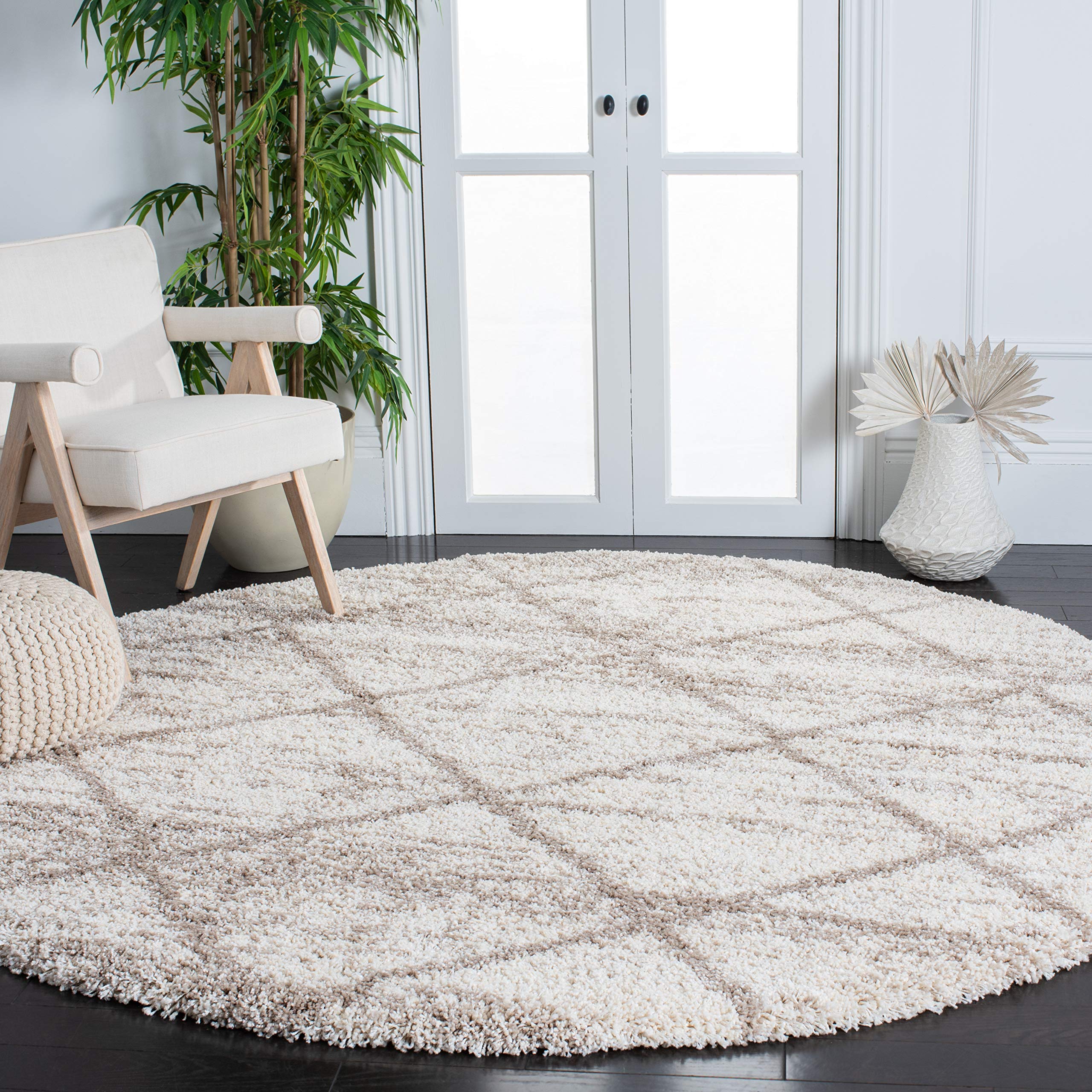 SAFAVIEH Hudson Shag Collection Area Rug - 4' Round, Multi Ivory & Beige, Modern Trellis Design, Non-Shedding & Easy Care, 2-inch Thick Ideal for High