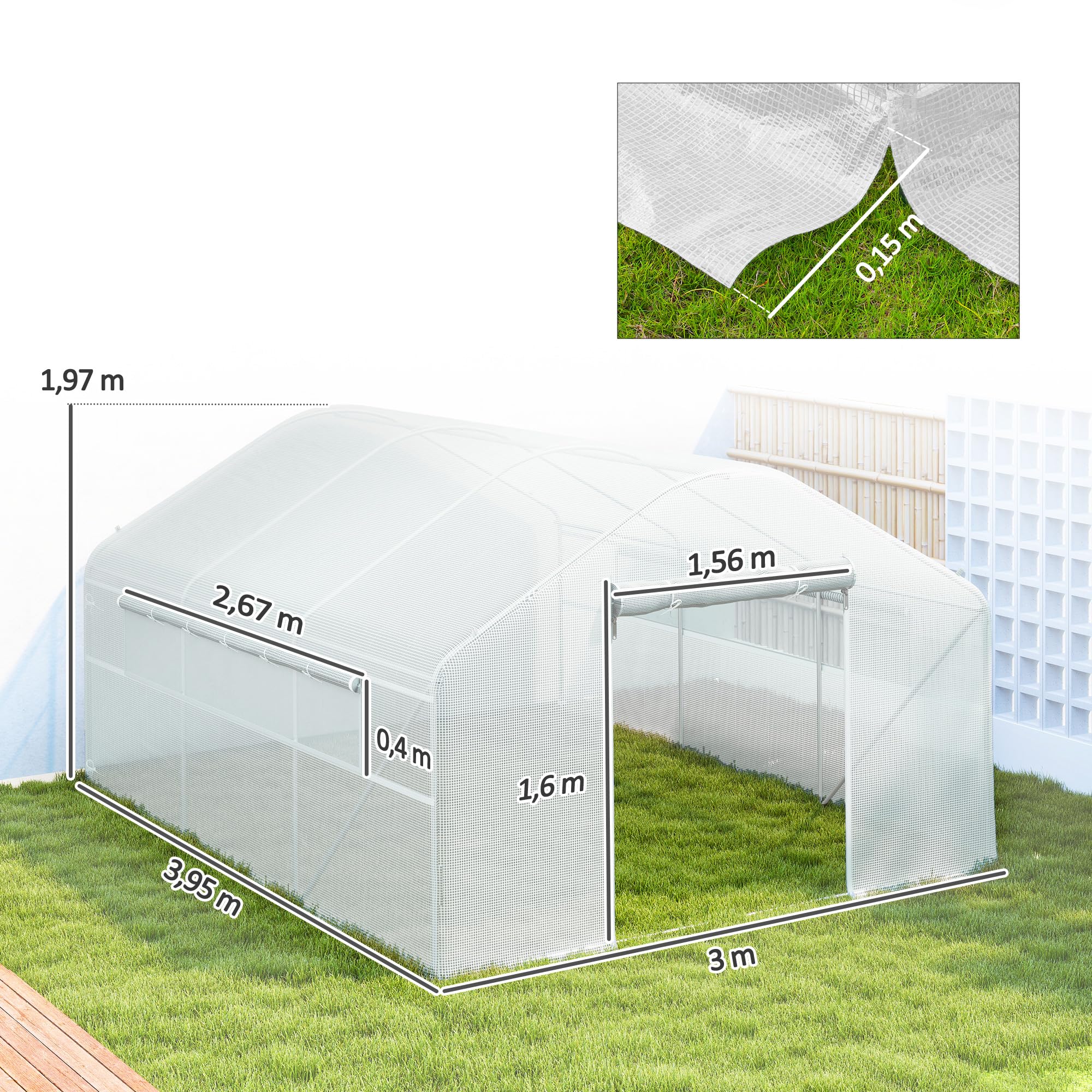 Outsunny Szklarnia ogrodowa 12 m², tunel ogrodowy 4 x 3 x 2 m z zwijanymi drzwiami i dużymi oknami z siatki, szklarnia ze stali ocynkowanej i odpornej na promieniowanie UV PE o wysokiej gęstości 140 g