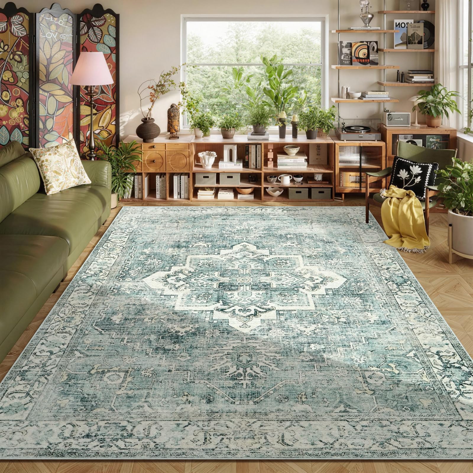 Washable Rug 9x12 for Living Room - Vintage Green Stain Resistant Large Area Rug for Bedroom Dining Room - Soft Faux Wool Non Slip Low Pile