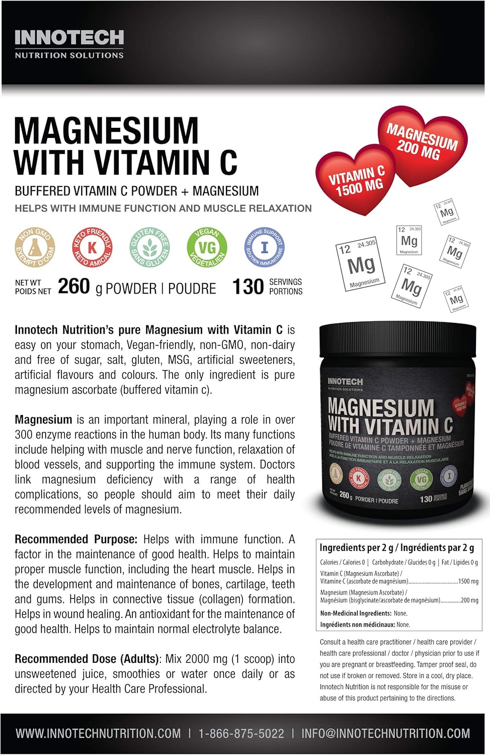 INNOTECH Nutrition Magnesium + 120 Capsules - Contains Magnesium Bisglycinate, Zinc Gluconate & Vitamins K2, MK-7 - Maintain Proper Muscle & Immune Function