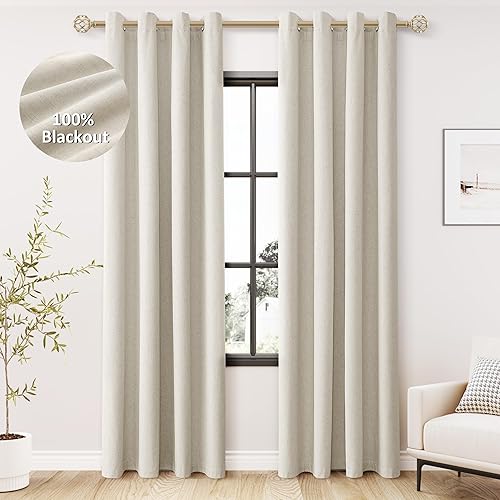 Miniatura 22 de Cream Linen Blackout Curtains 96 Length 2 Panels Set for Living Room Bedroom, 100% Black Out Thermal Insulated Linen Drapes, Room Darkening Grommet