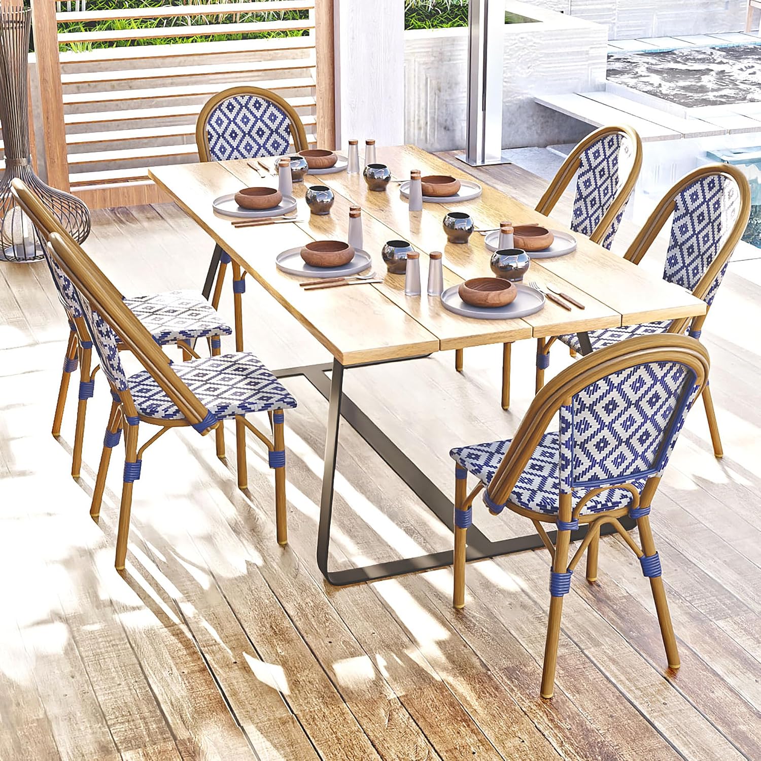 Bistro Chair Set of 6, Outdoor Armless Patio Dining Chairs with Hand-Woven Rattan, Stackable Wicker Style Dining Chairs with Wide Seat and High Back for Dinning Room, Indoor, Outdoor, Restaurant