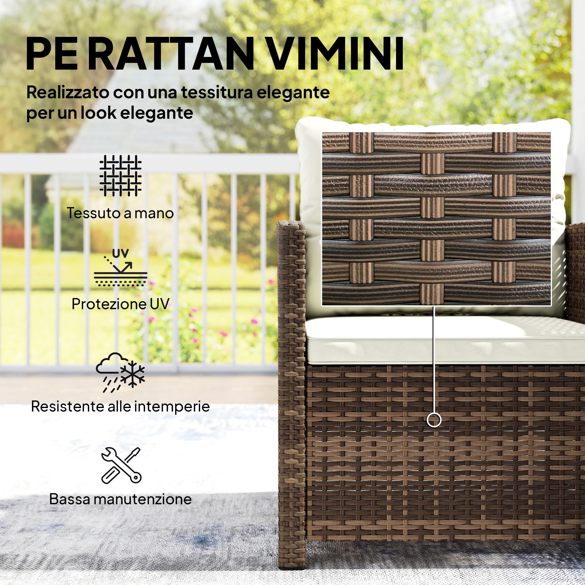 Outsunny Set da Giardino 3 Pezzi in Rattan PE e Acciaio, Set 2 Poltrone con Cuscini e Tavolino da Caffè con Piano in Vetro, Set di Mobili da Balcone, per Patio e Cortile, Marrone e Crema