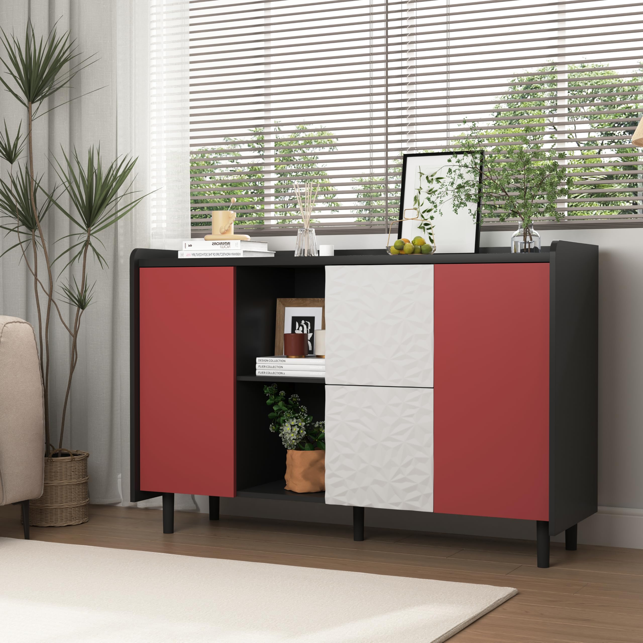 REXO Credenza credenza nera con ante rosse, 2 cassetti con pannello unico e 2 scomparti aperti, moderno armadietto da caffè per cucina
