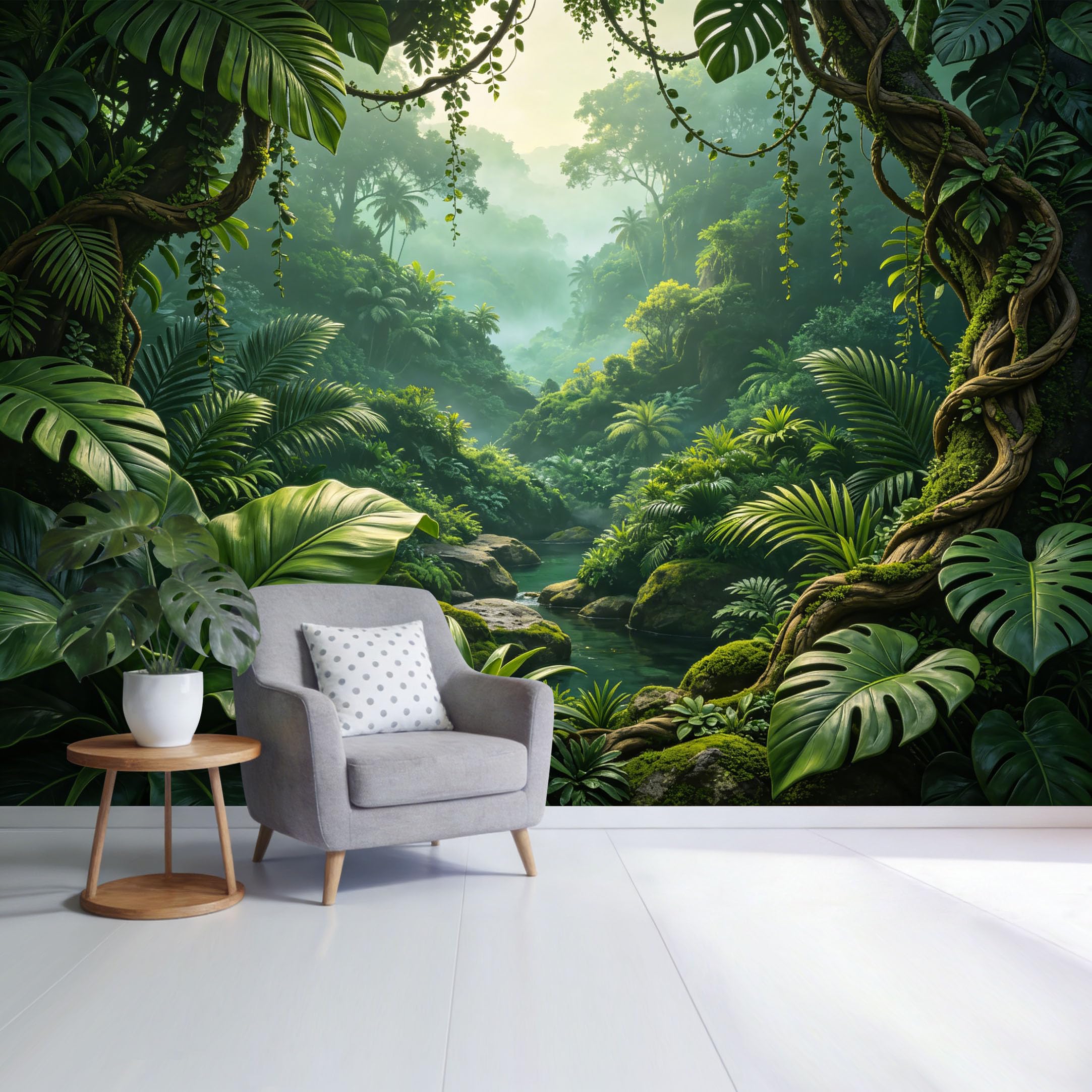 Custom Size Wall Mural Tropical Jungle Rainforest Green Foliage River Landscape SelfAdhesive Wall Fabric Removable Wallpaper for Home Office Decor