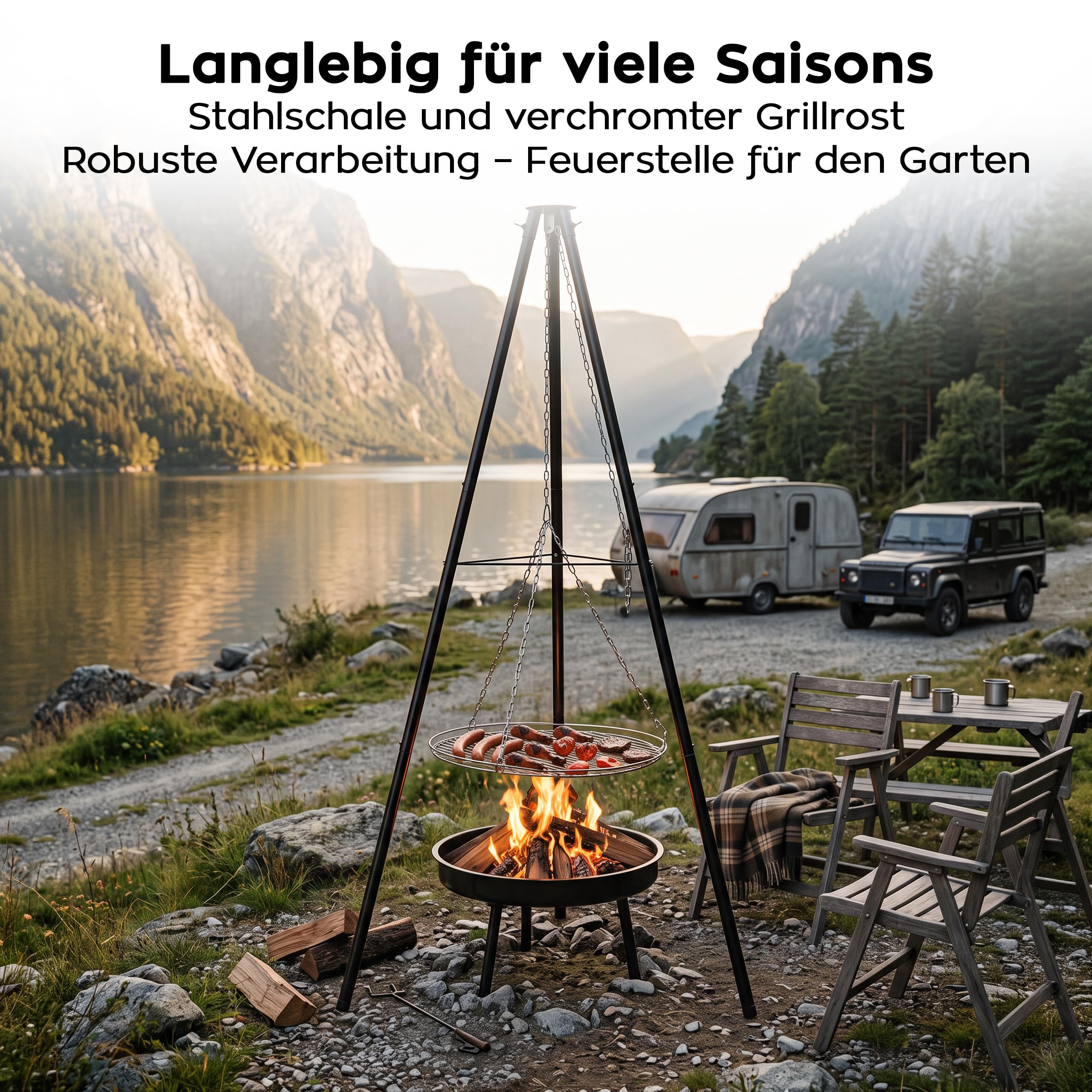 Gregman Roast 30 Holzkohlegrill 2in1 mit höhenverstellbarem Grillrost | Schwenkgrill mit Feuerschale - Dreibein für Feuerschale - faltbarer Gartengrill für Terrasse und Camping - Schwarz