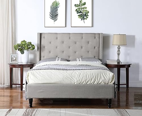 Miniatura 5 de Marco de Cama de Plataforma Completamente Tapizada con Cabecero de 51" de Alto - Cama de Tela con Botones Capitoné - Soporte de Listones de Madera