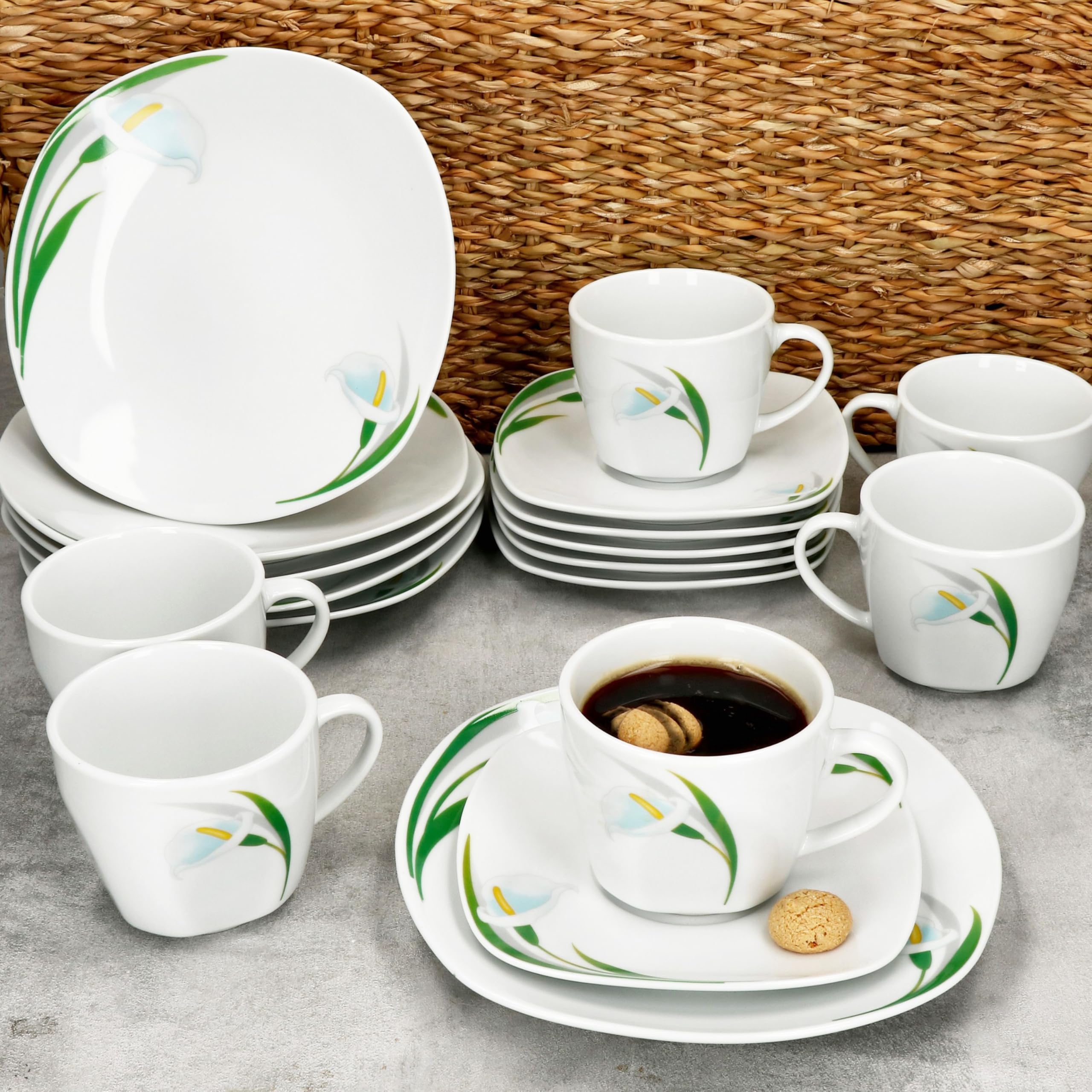 MamboCat 18tlg Kaffeeservice White Calla I Florale stilvolle Porzellan-Geschirr mit Blumen-Dekor für 6 Personen I Je 6X Tassen 150ml, Untertassen & Teller für Frühstück & Kaffee