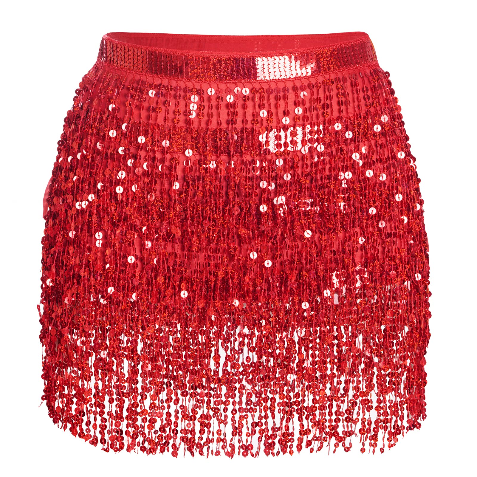 SUMERSHABelly Dance Hip Scarf Sequin Tassel Skirt Wrap Sparkly Rave Costume for Women