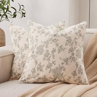 2 Pack French Floral Throw Pillow Covers 18x18in, Green/Cream | 100% Organic Cotton, Vintage Botanical Decorative Pillow Cases, Farmhouse Pastoral Cushion Covers for Living Room Sofa Couch