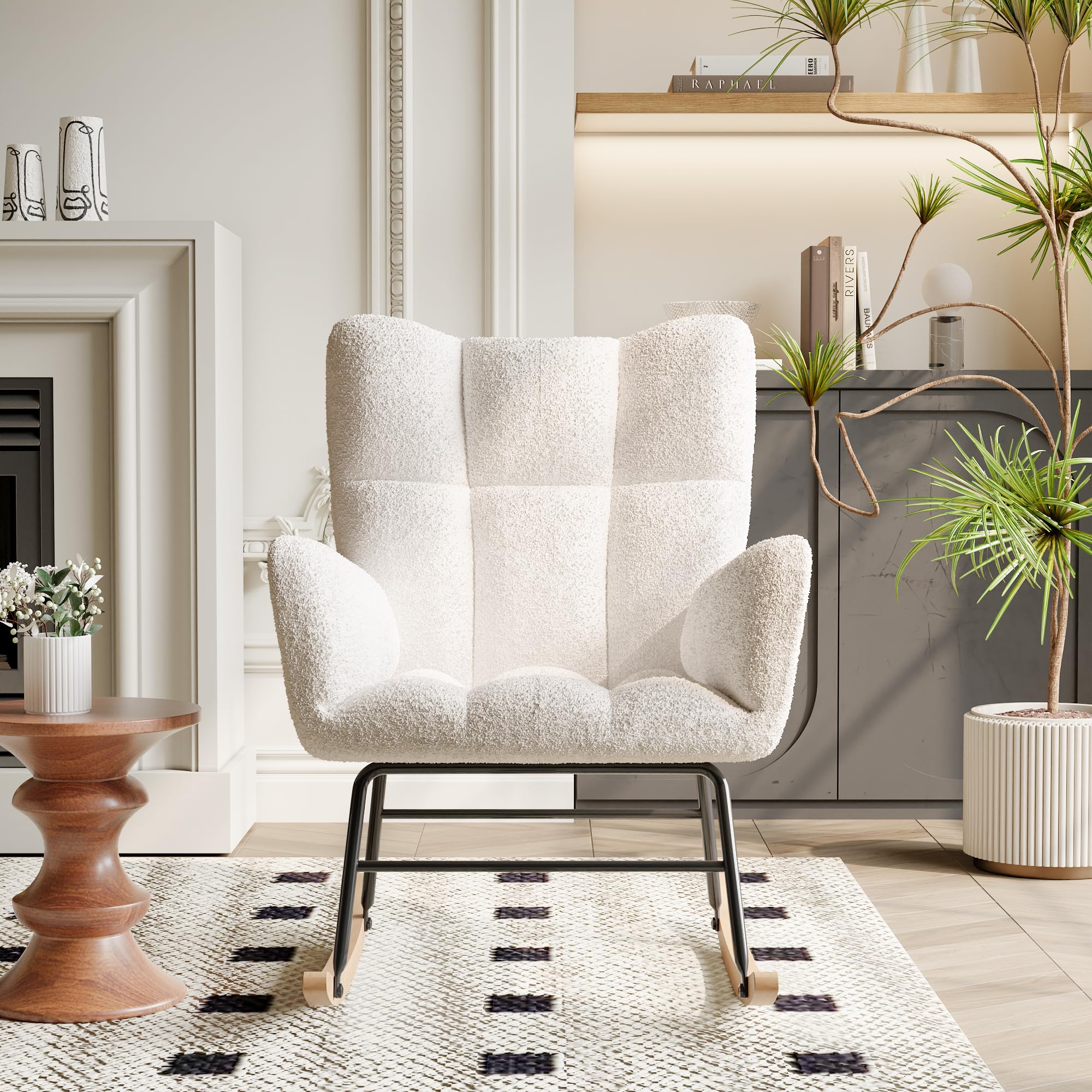 MEXUS Chaise à Bascule, Coussin en Laine à Dossier Haut, Chaise Longue Moelleuse et Chaise d'allaitement, Convient au Salon, à la Chambre, à la Chambre de bébé et à la Salle de Lecture, Beige