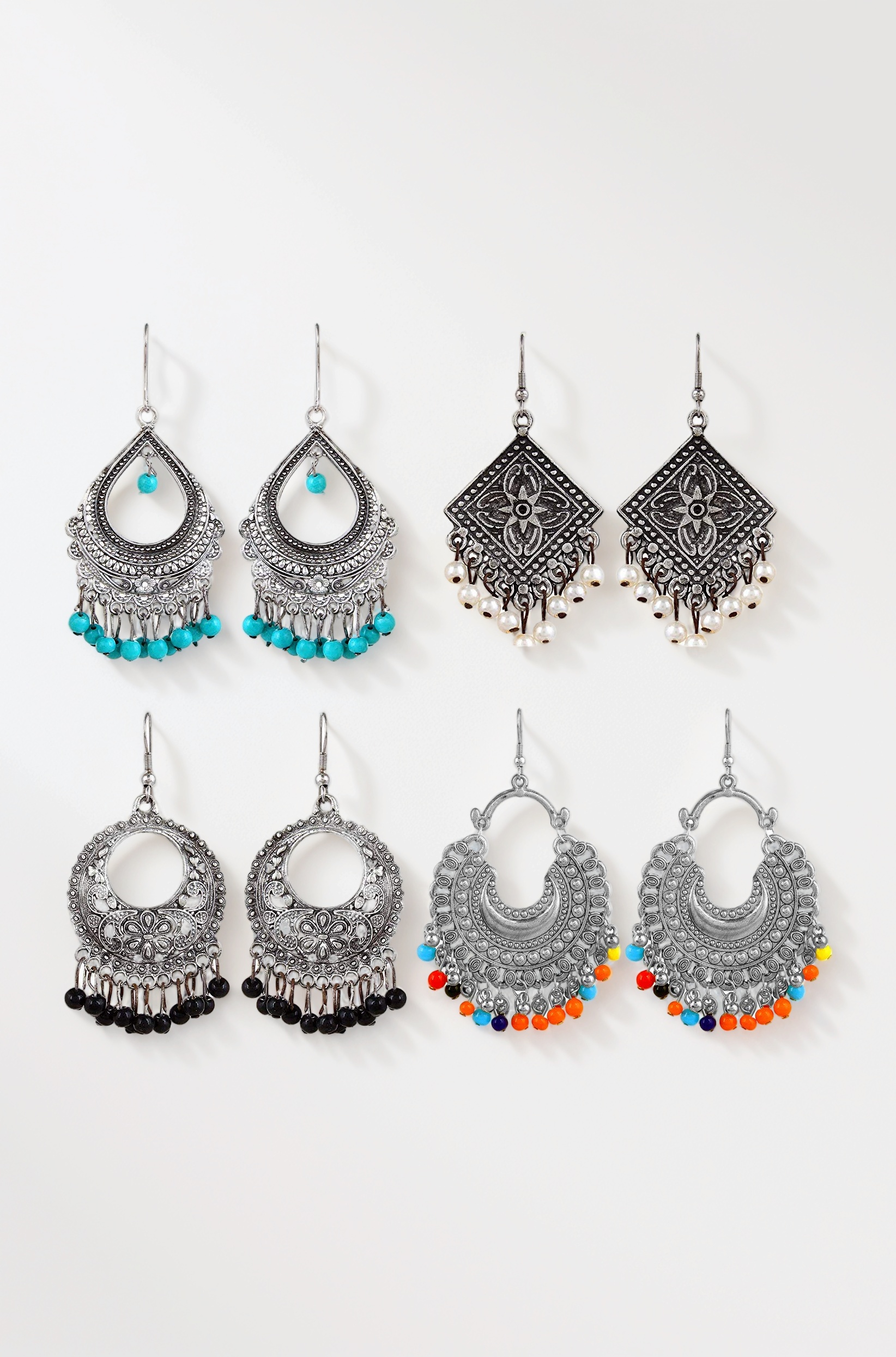 Jewellery Oxidized Silver Stylish Combo of Four Afghani Kashmiri Traditional Jhumka Multicolor Earrings for Girl's and Women'