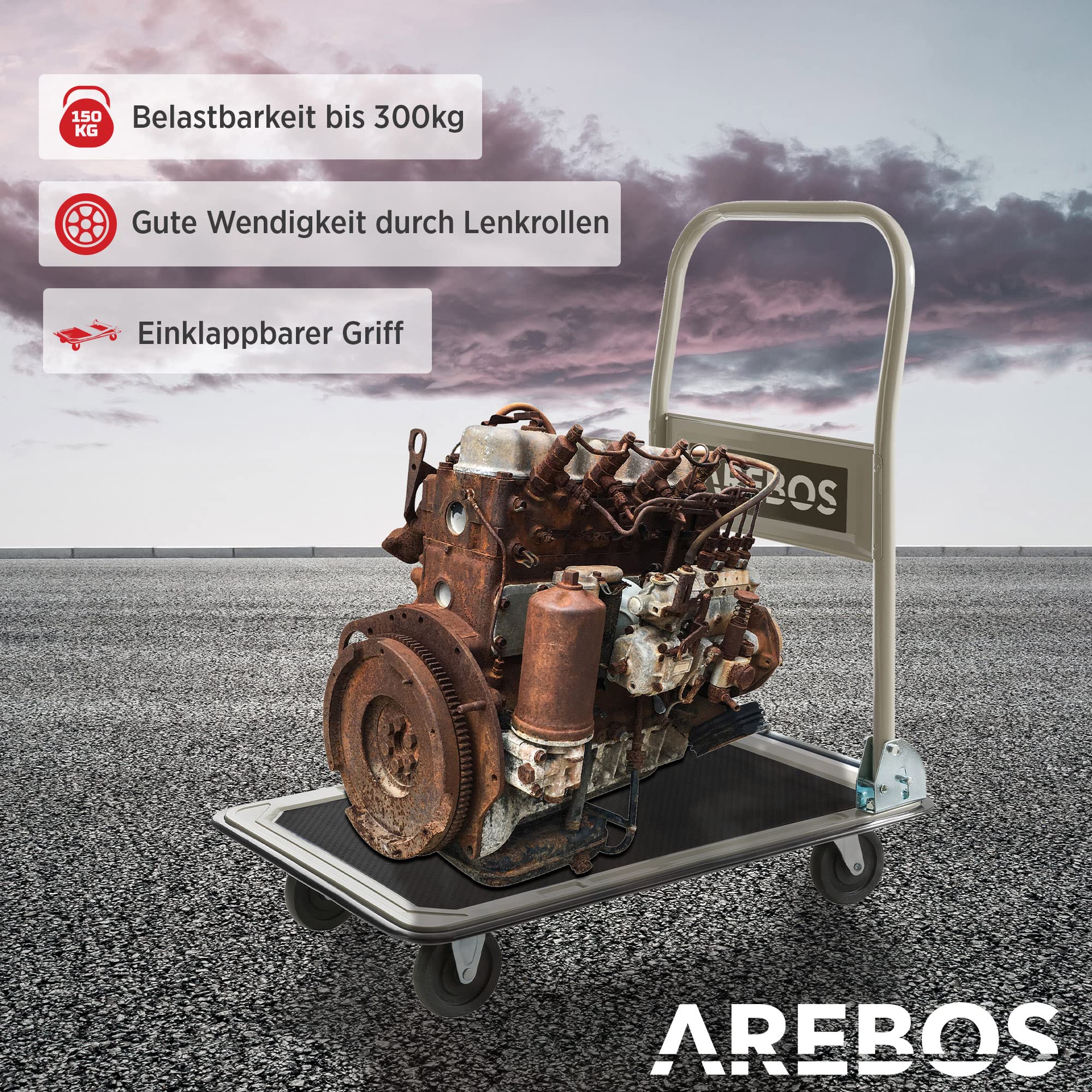 Arebos Plattformwagen | Transportwagen | Plattformwagen klappbar | Klappwagen faltbar | lastenwagen | bis 300 kg Tragkraft | mit Lenkrollen | Antirutschbeschichtung | Kantenschutz