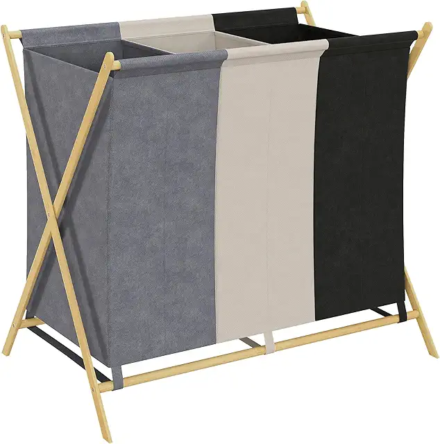 Cesto Ropa Suja Plegable 3 Compartimentos 129L Bambú Multicolor