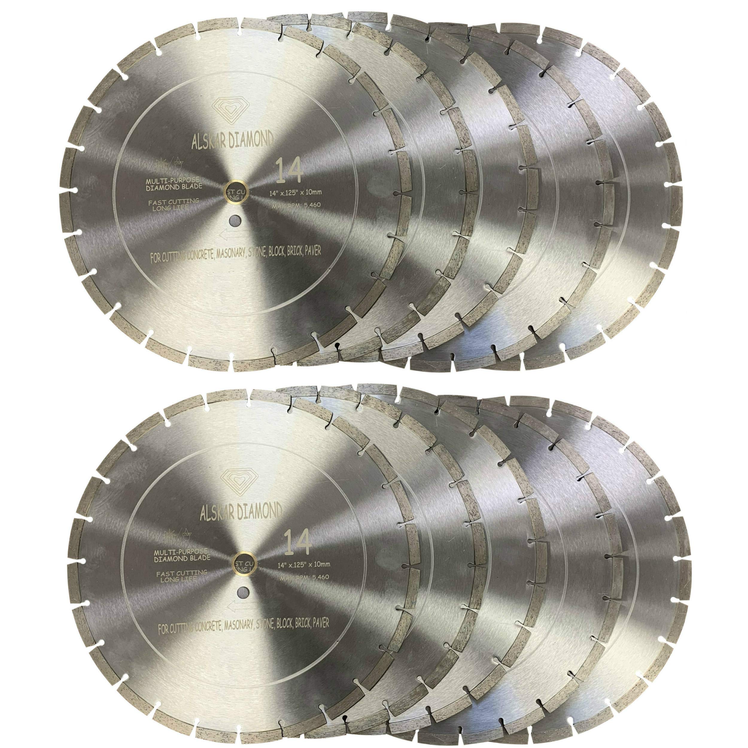 (10 Pack) ALSKAR DIAMOND ADLSS 14 inch Dry or Wet Cutting General Purpose Segmented High Speed Diamond Saw Blades for Concrete Stone Brick Masonry (14