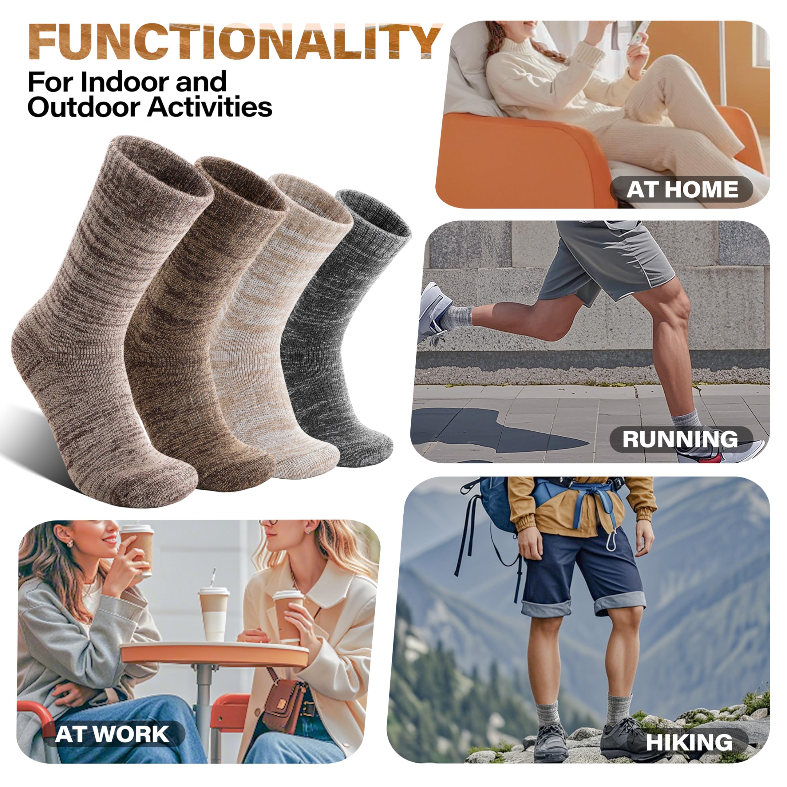 Anlisim Warme Wandersocken aus Merinowolle, extra dick, Winter, gemütlich, Crew, bequeme Dämpfung, Arbeit, Damen und Herren, 4 Paar