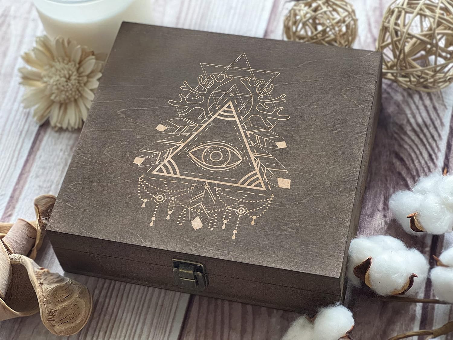 Third Eye Box, Wooden Stash Box, Crystal Gift Box, Crystal Box, Witch Box, Tarot Card Box, Storage Box, Mystery BoxKeepsake Box Anniversary Memory Box Engraved Box 8.5 x 8 x 2.5 in. Dark Walnut