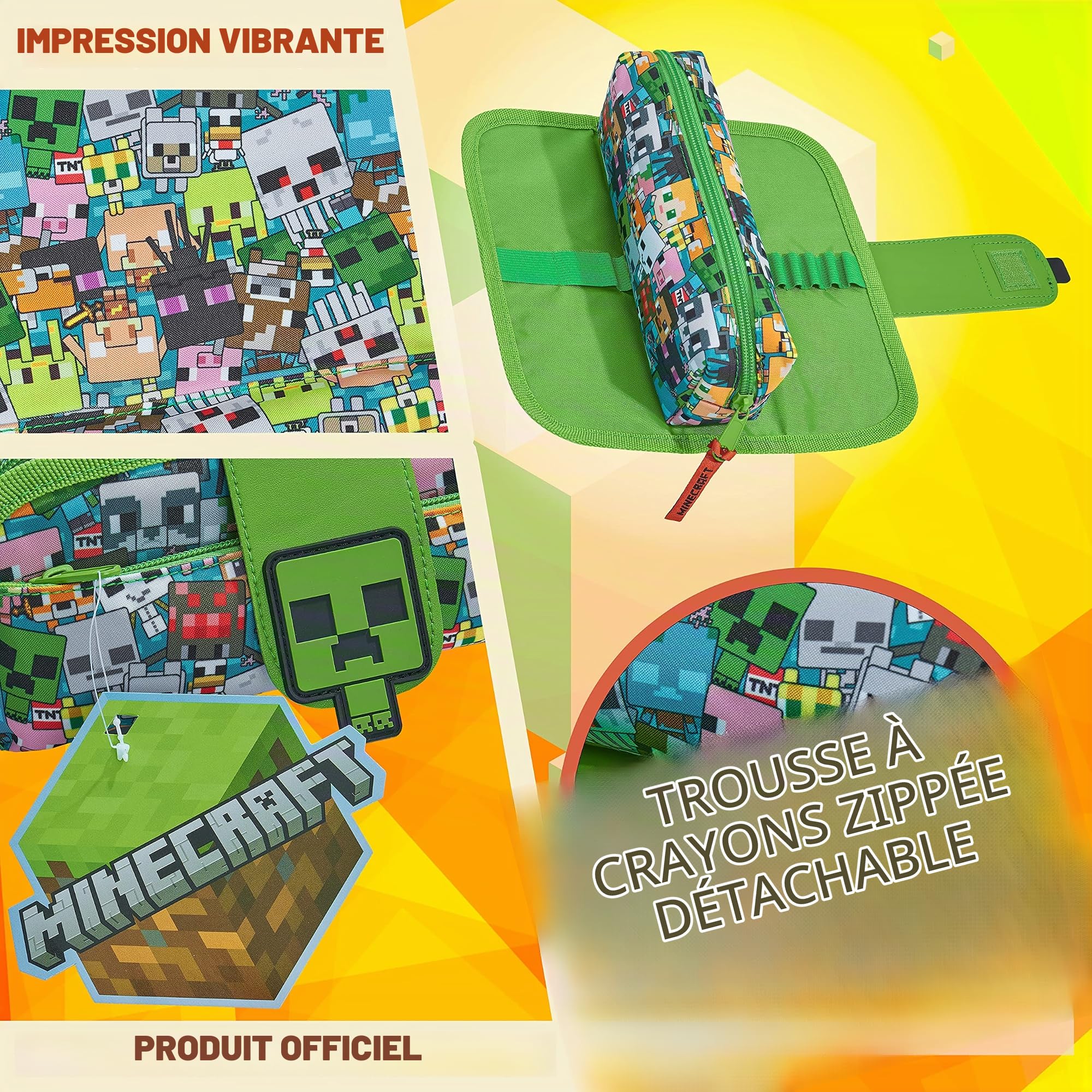 Minecraft Trousse Enfant Garcon Fille Gamer 2 en 1 Trousse Scolaire Double avec Compartiments et Trousse Zippée Détachable