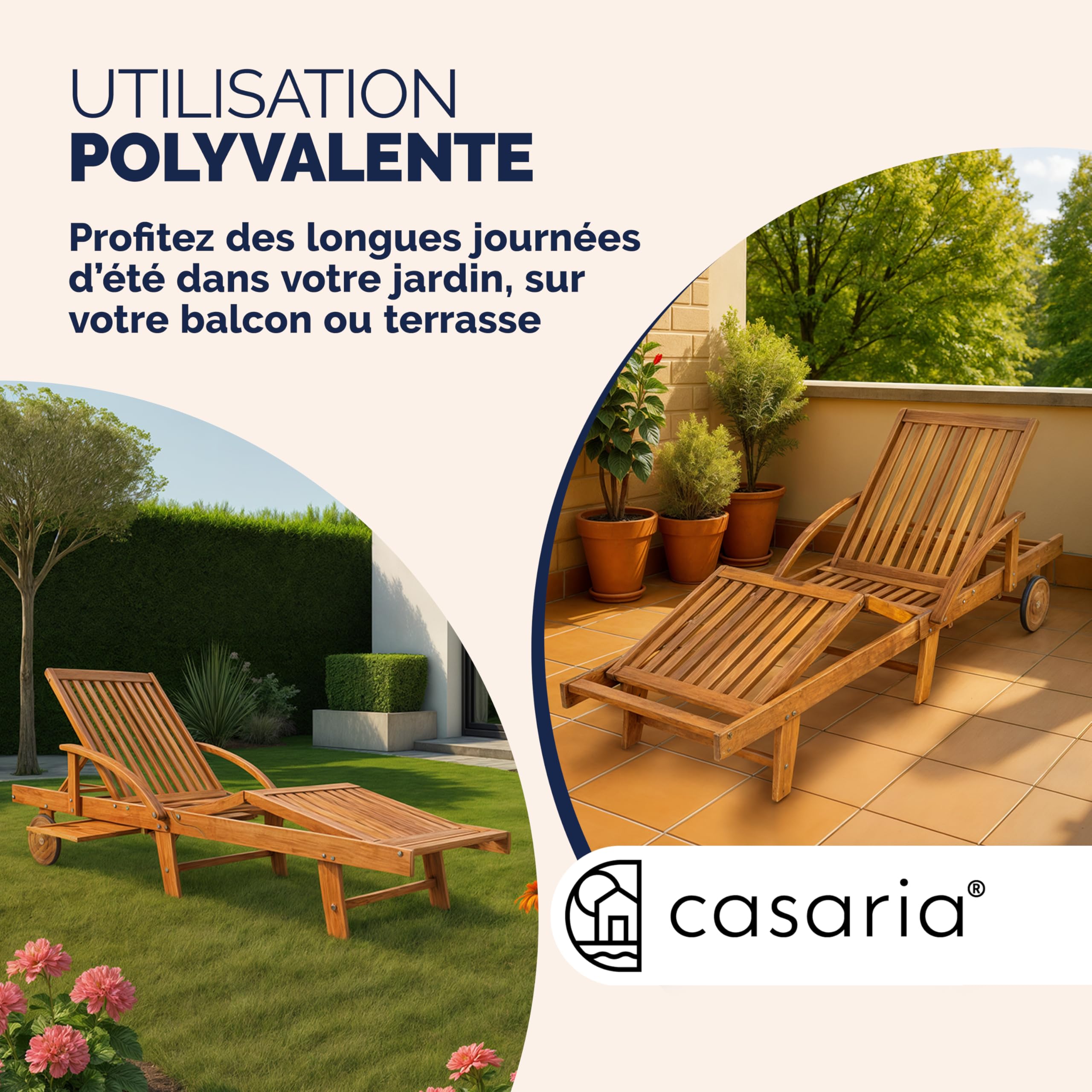 Casaria® 2X Chaise Longue Jardin Exterieur Tami Sun en Bois D Acacia Chaise Pliante avec Roues Type Transat Bain De Soleil Chaise Bois pour Salon De Jardin Exterieur