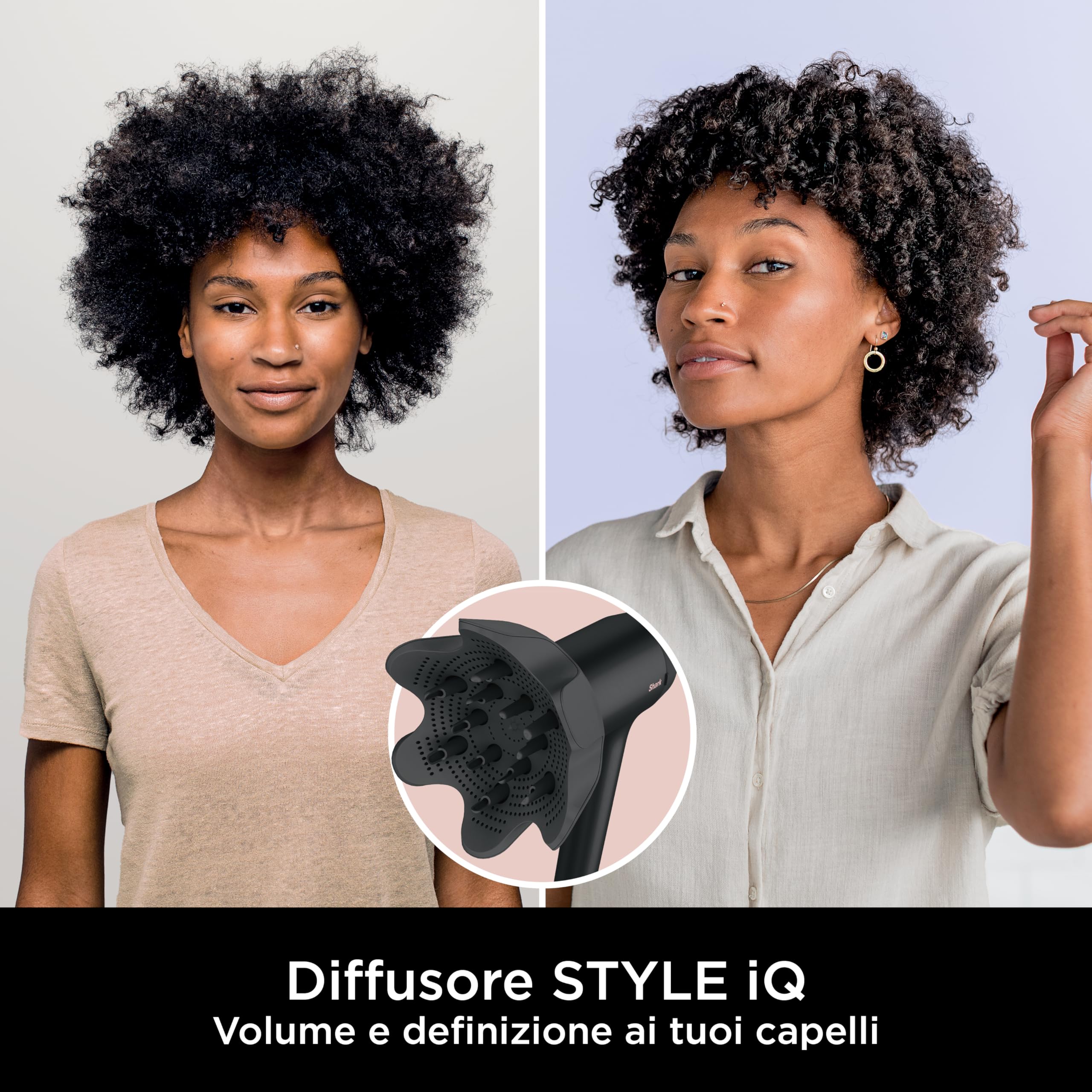 Shark STYLE iQ Asciugacapelli e Styler per Capelli a Ioni 3 in 1, con Spazzola, Diffusore per Ricci e Concentratore, Asciugatura Veloce, Senza Danni, Impostazioni Automatiche, Nero/Oro Rosa, HD120EU