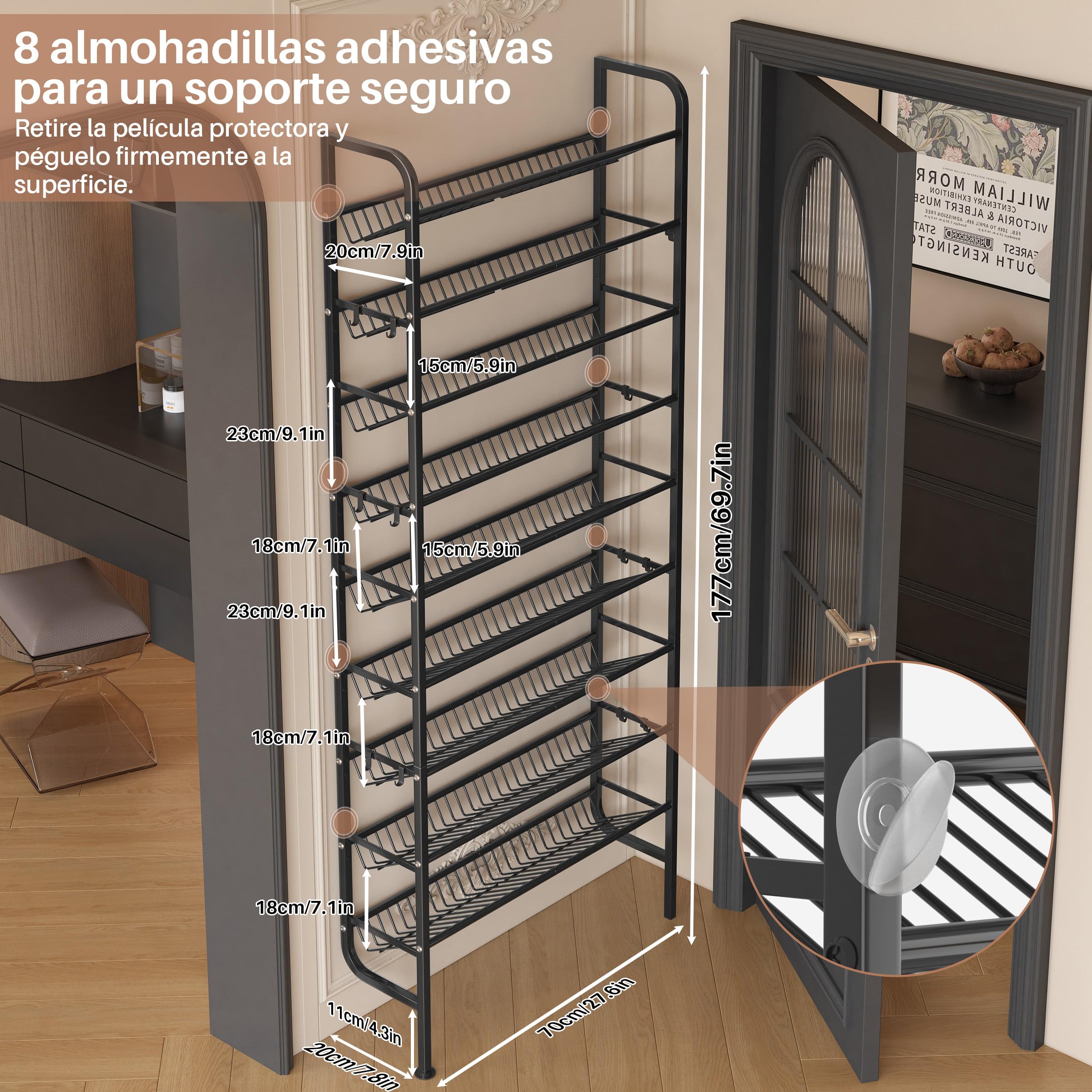 Zapatero para Puerta, Zapatero MetáLico de 9 Estantes para Colocar detráS de la Puerta, Zapatero Abierto, con 12 Ganchos para Despensa, Recibidor, SalóN (Negro, 70 x 20 x 177 cm)