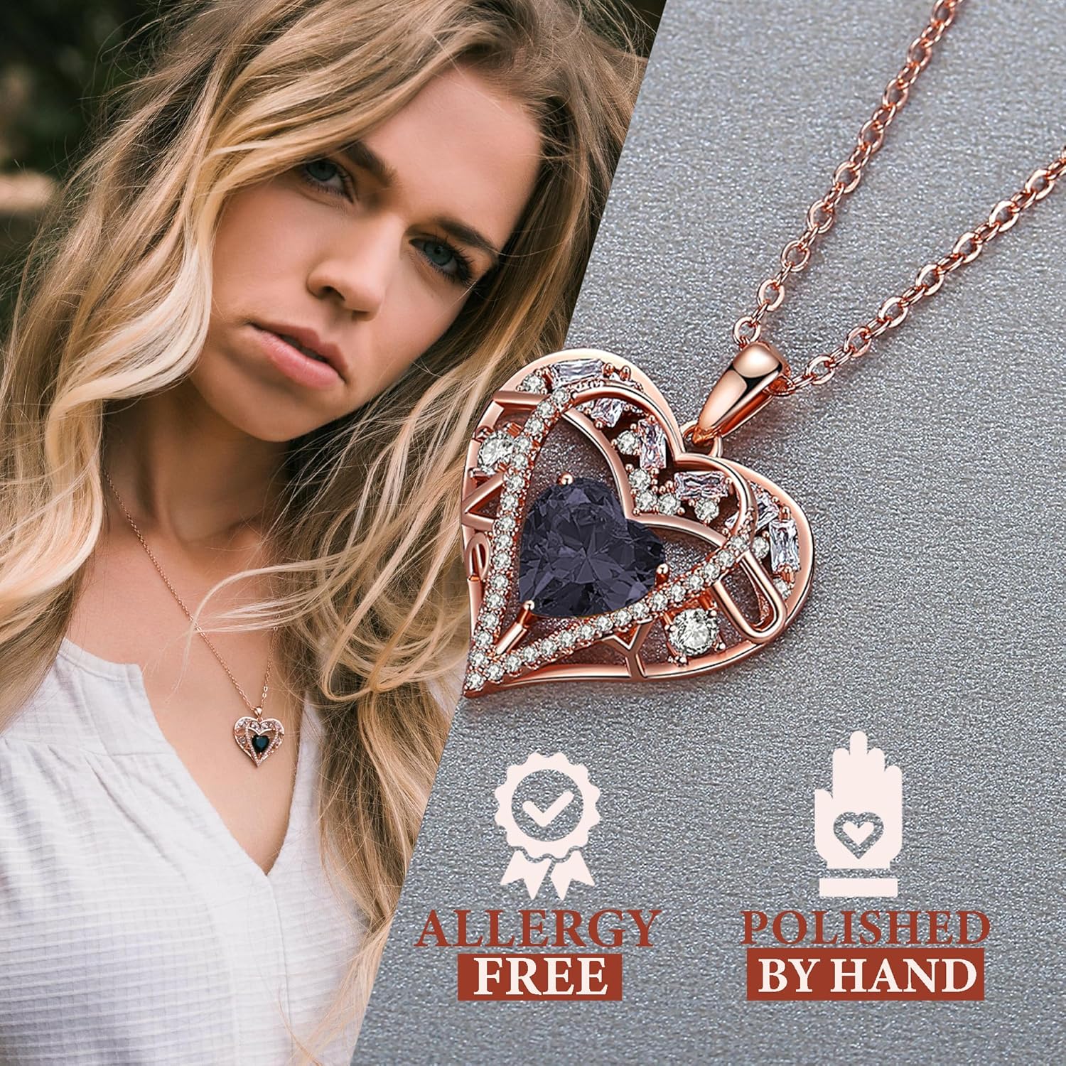 5 Heart Crystal Necklace 18K Rose Gold Plated - Pendant with 18”+2” 925 Sterling Silver Chain - Birthstone Jewelry for Women and Girls - Gift for Birthday, Christmas - Image 4