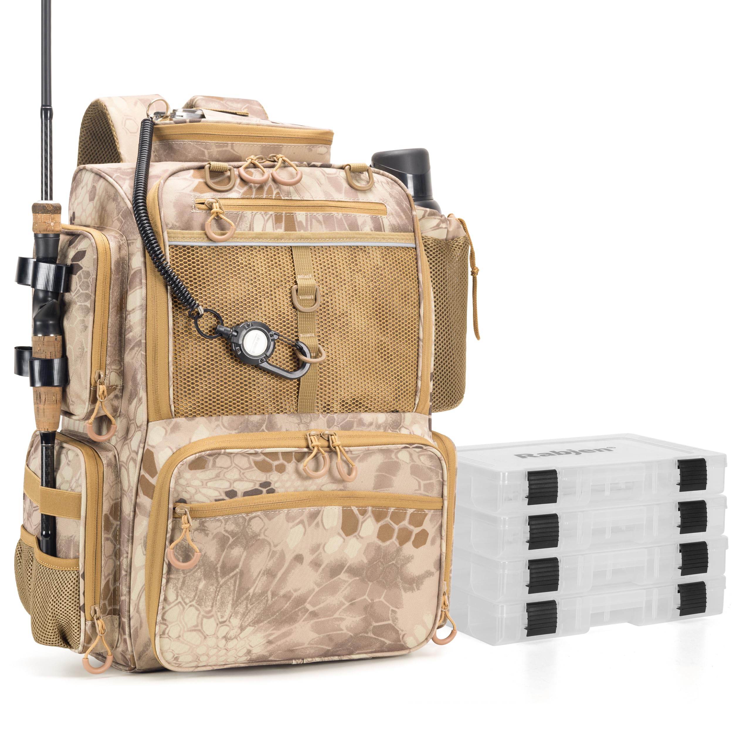 Rabjen Fishing Tackle Backpack with Rod Holders, Bottle Holder, Storage Bag Store Fishing Gear